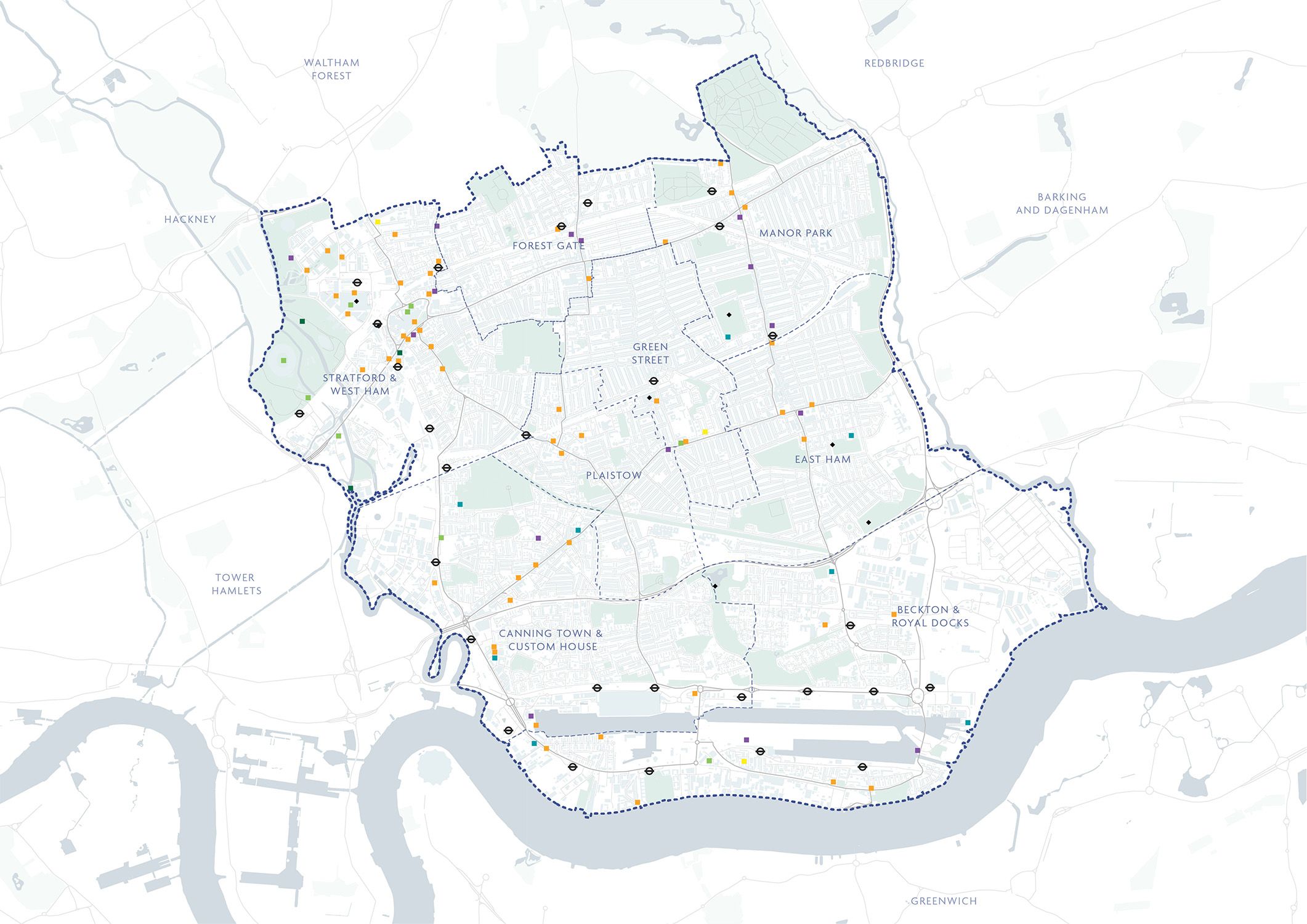 A map of Newham with meeting places mapped. 