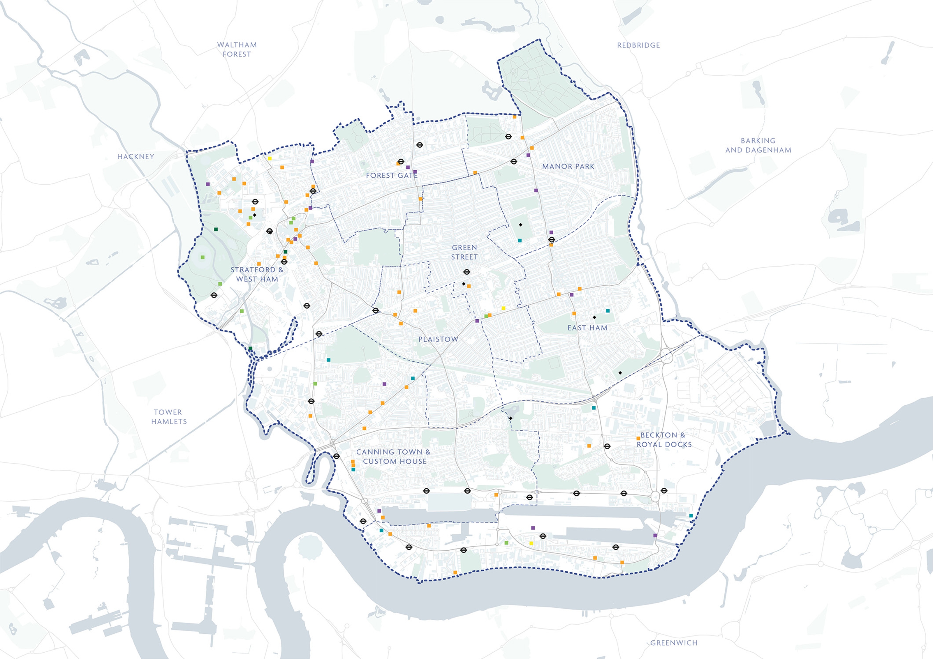 A map of Newham with meeting places mapped.