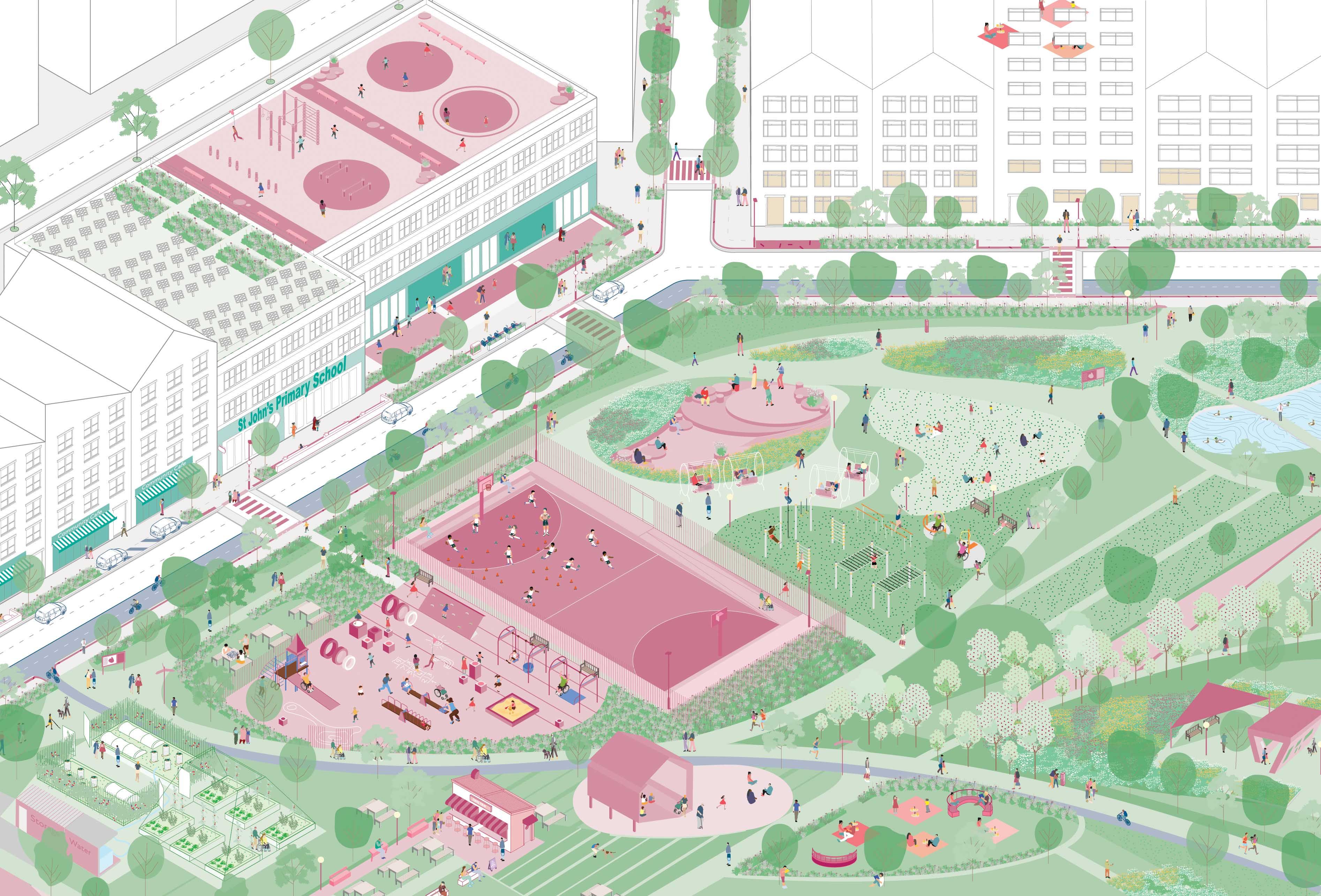 An axonometric illustration of a green space with play equipment surrounded by a building with colonnades, community facilities and  outdoor seating.