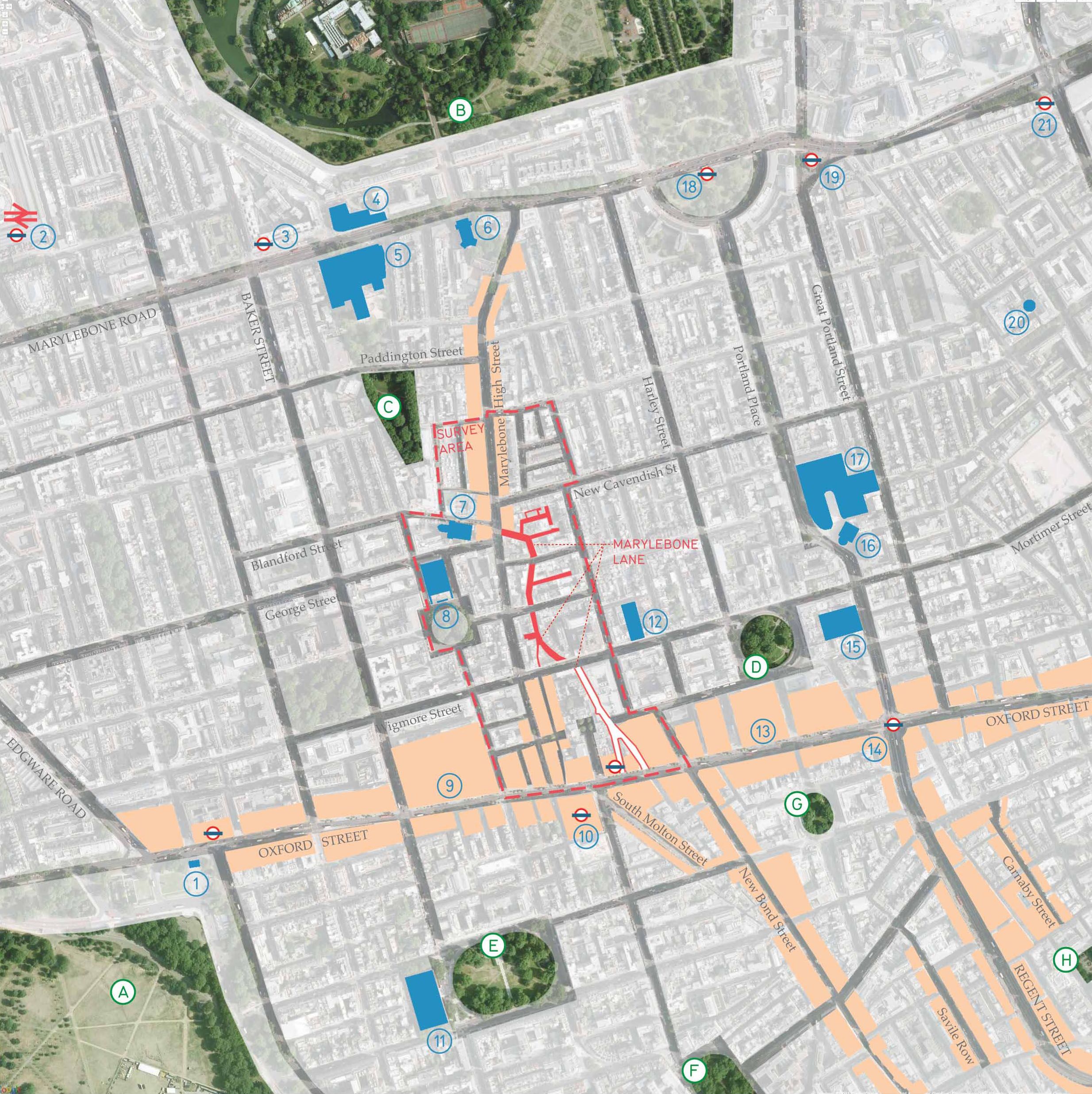 A plan view map of Marylebone Lane and the wider area context in central London.