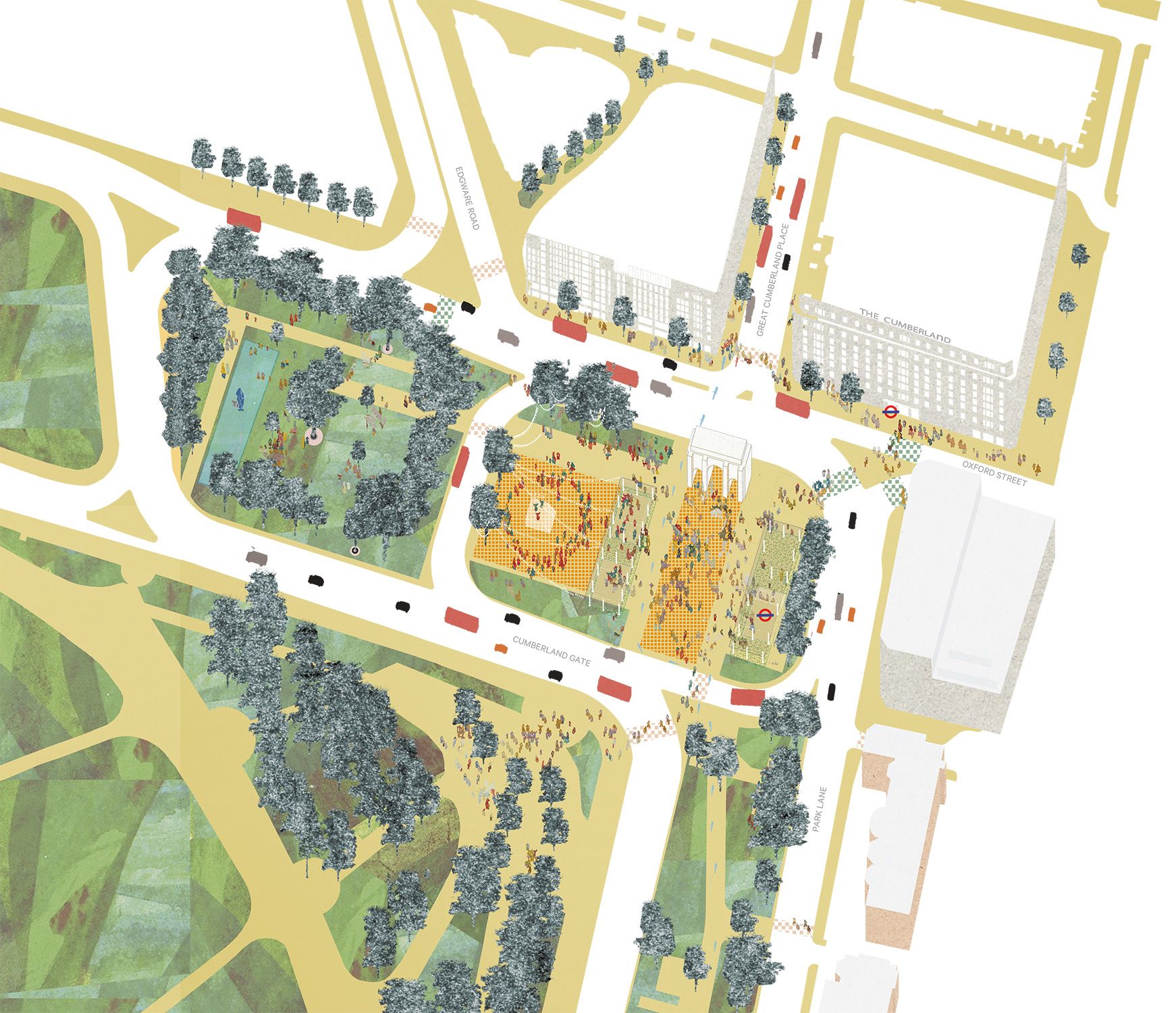 Illustrated plan of the Oxford Street District centred on Marble Arch with streets and public spaces drawn in yellow and parks in green for emphasis and the façades of buildings visible. 
