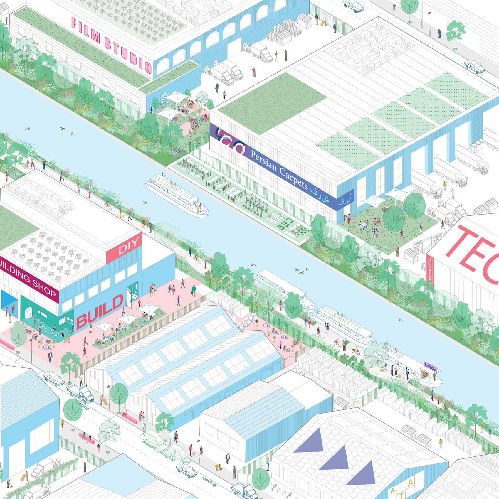 An axonometric illustration of industrial units set along a canal.