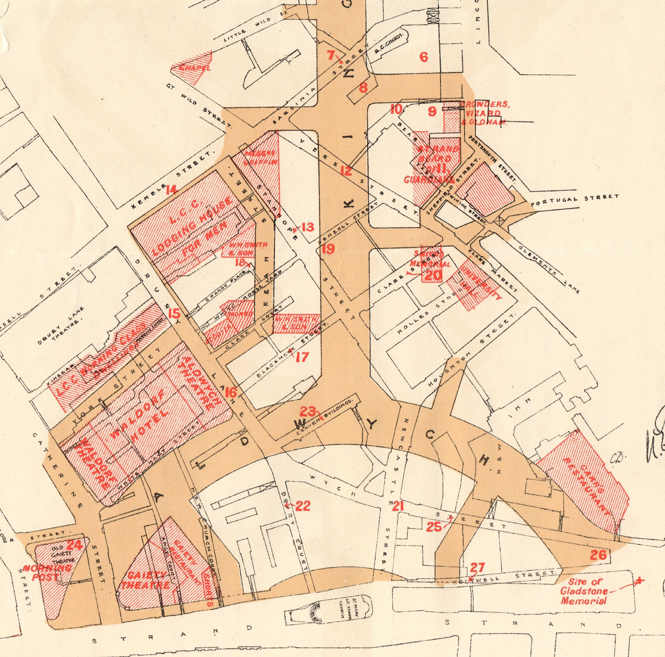 Map from 1905, showing the streets demolished for the construction of the Aldwych. 