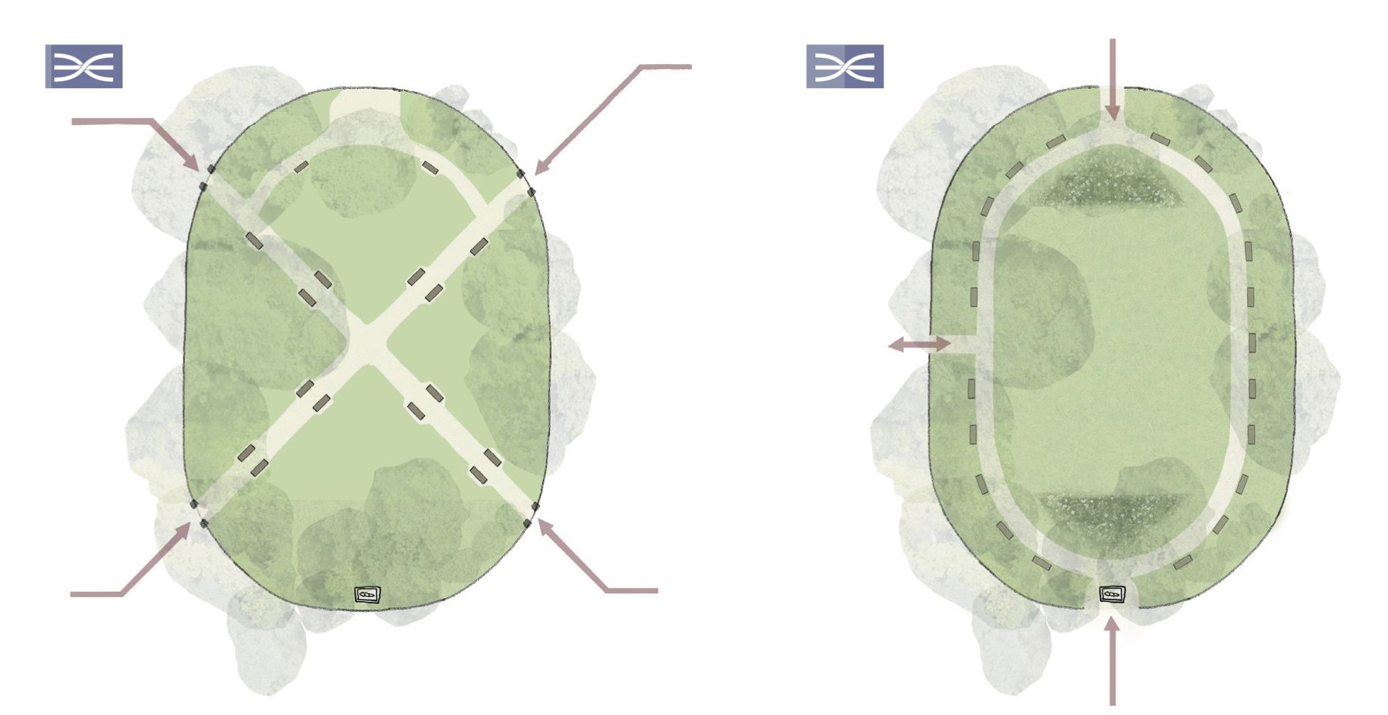 A plan view illustration of two Hanover Square visions showing different path layouts.