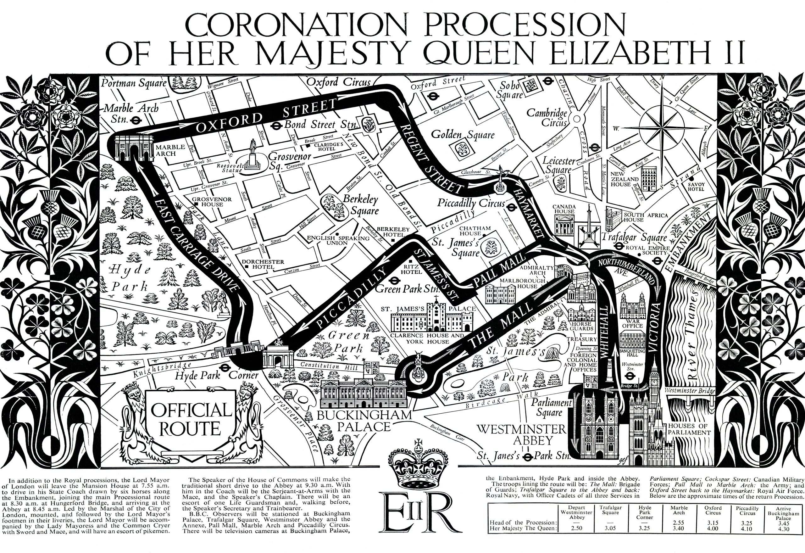 A map of a processional coronation route depicted in black through central London.