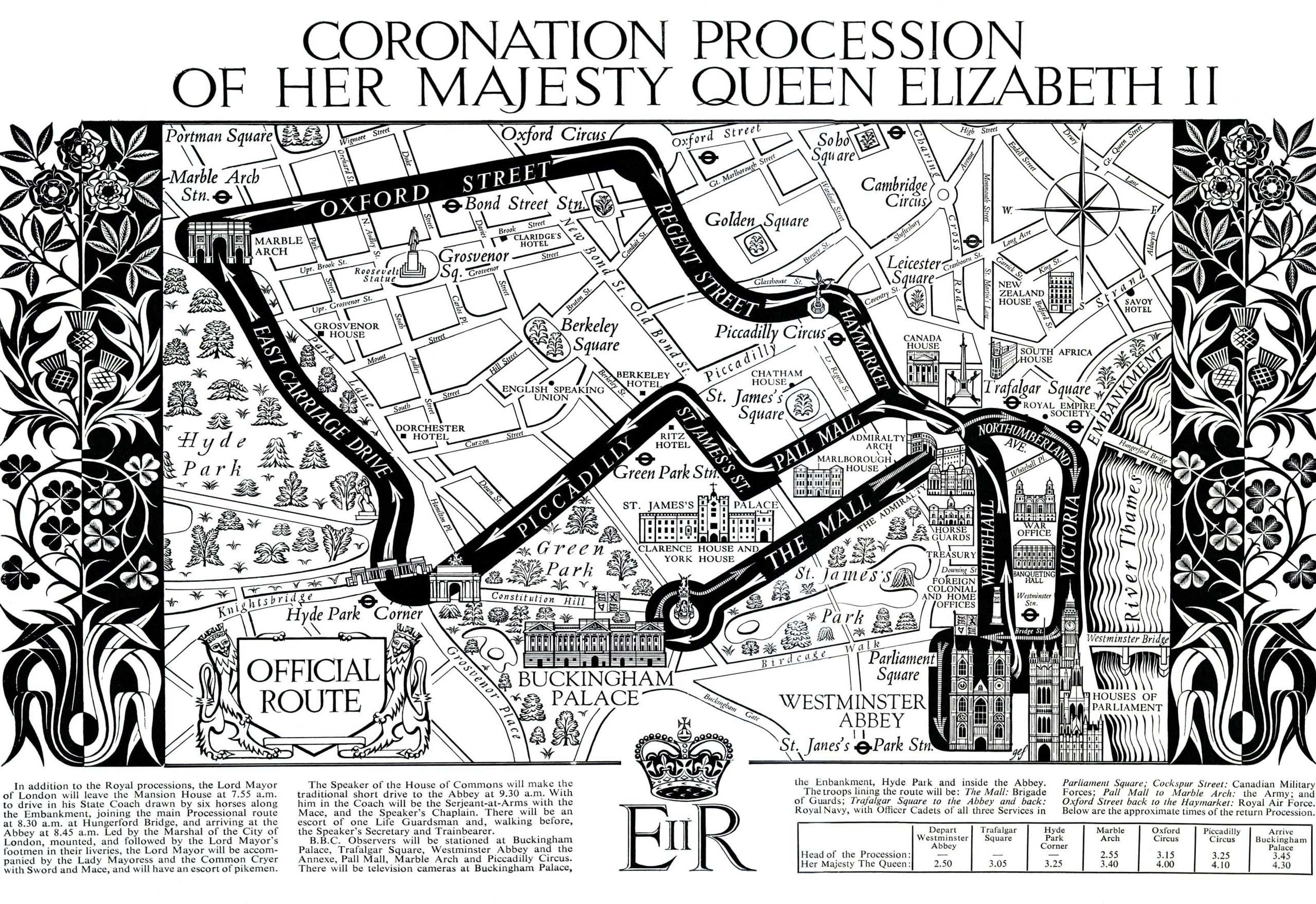 A map of a processional coronation route depicted in black through central London.