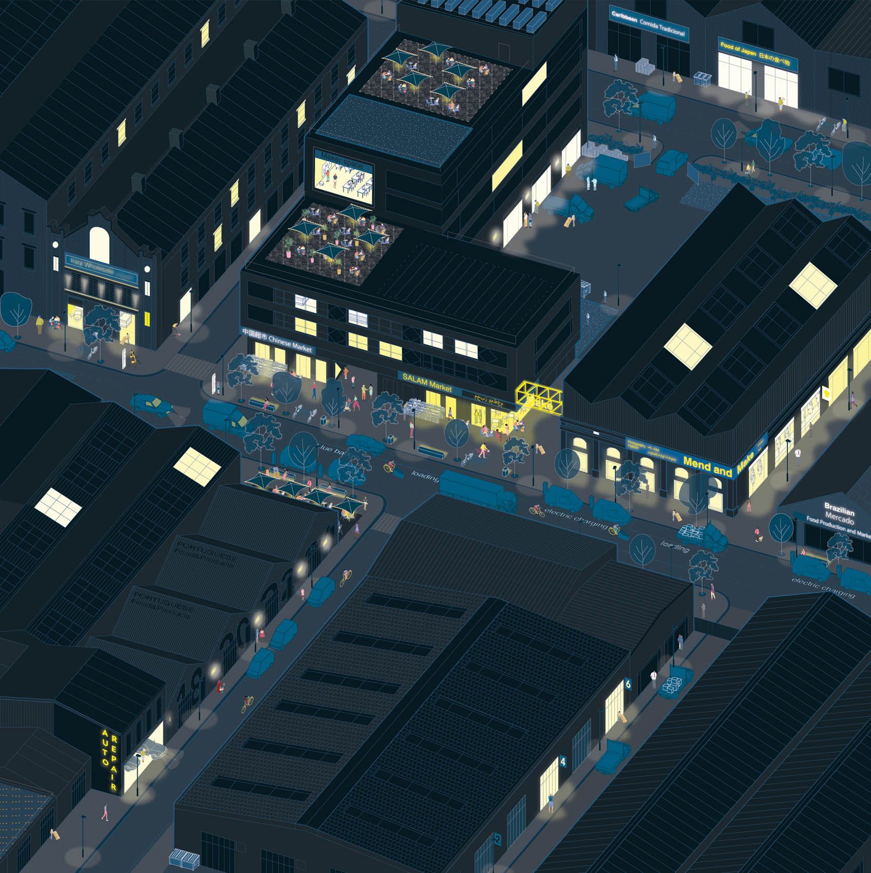 An axonometric illustration of a light industrial neighbourhood at night with some light and activity from commercial ground floor units.