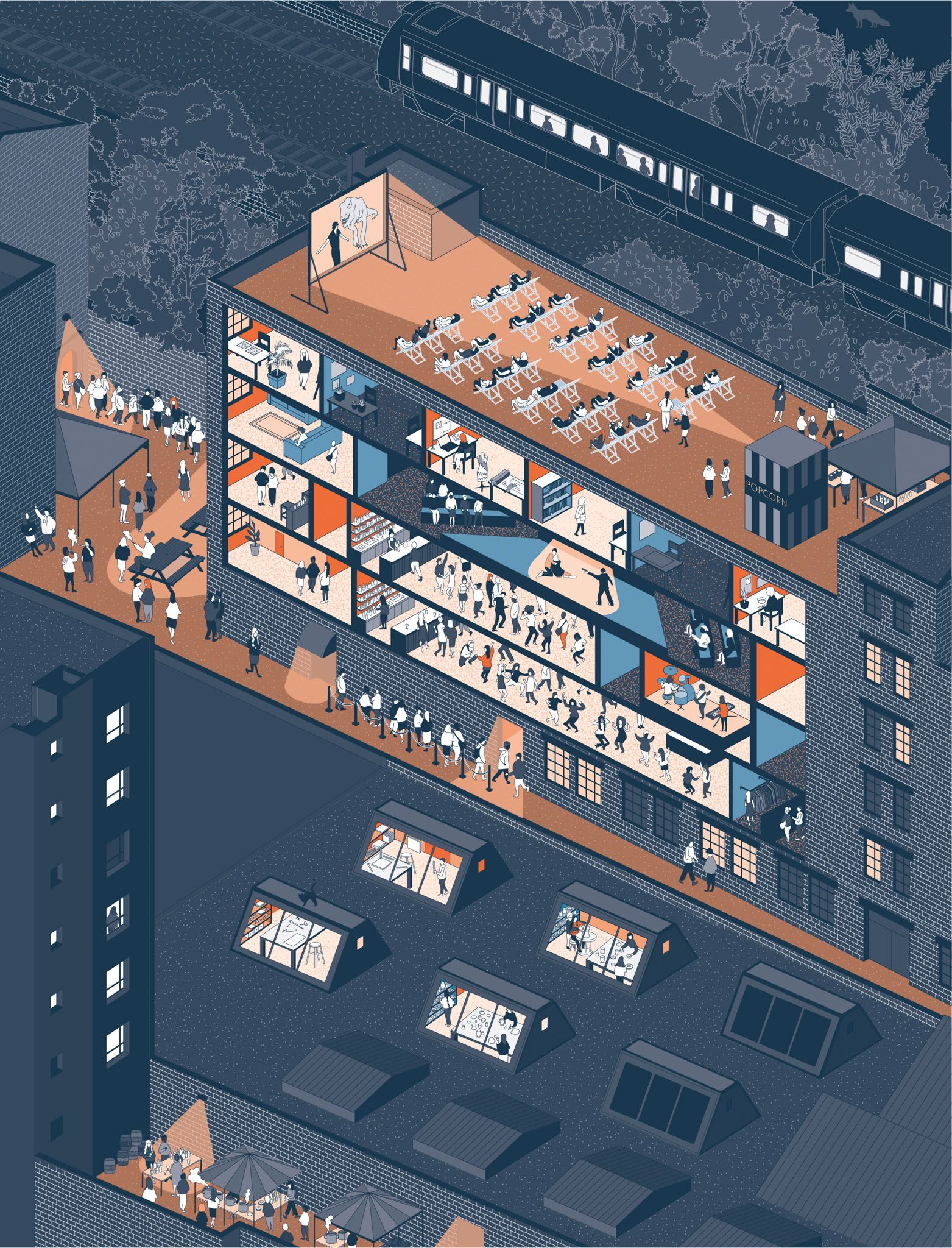Cross-section drawing of the Bussey Building.