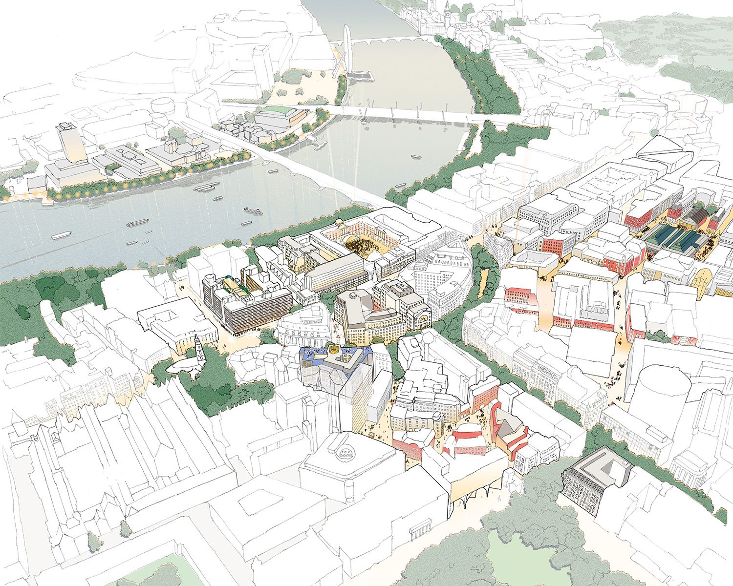 An aerial diagramatic drawing of Strand-Aldwych looking towards the Thames.