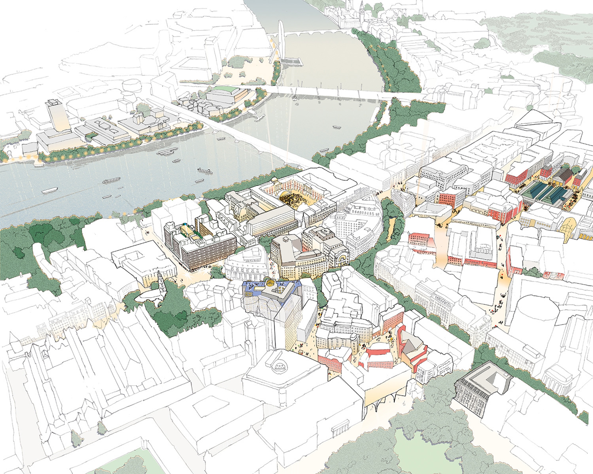 An aerial diagramatic drawing of Strand-Aldwych looking towards the Thames.