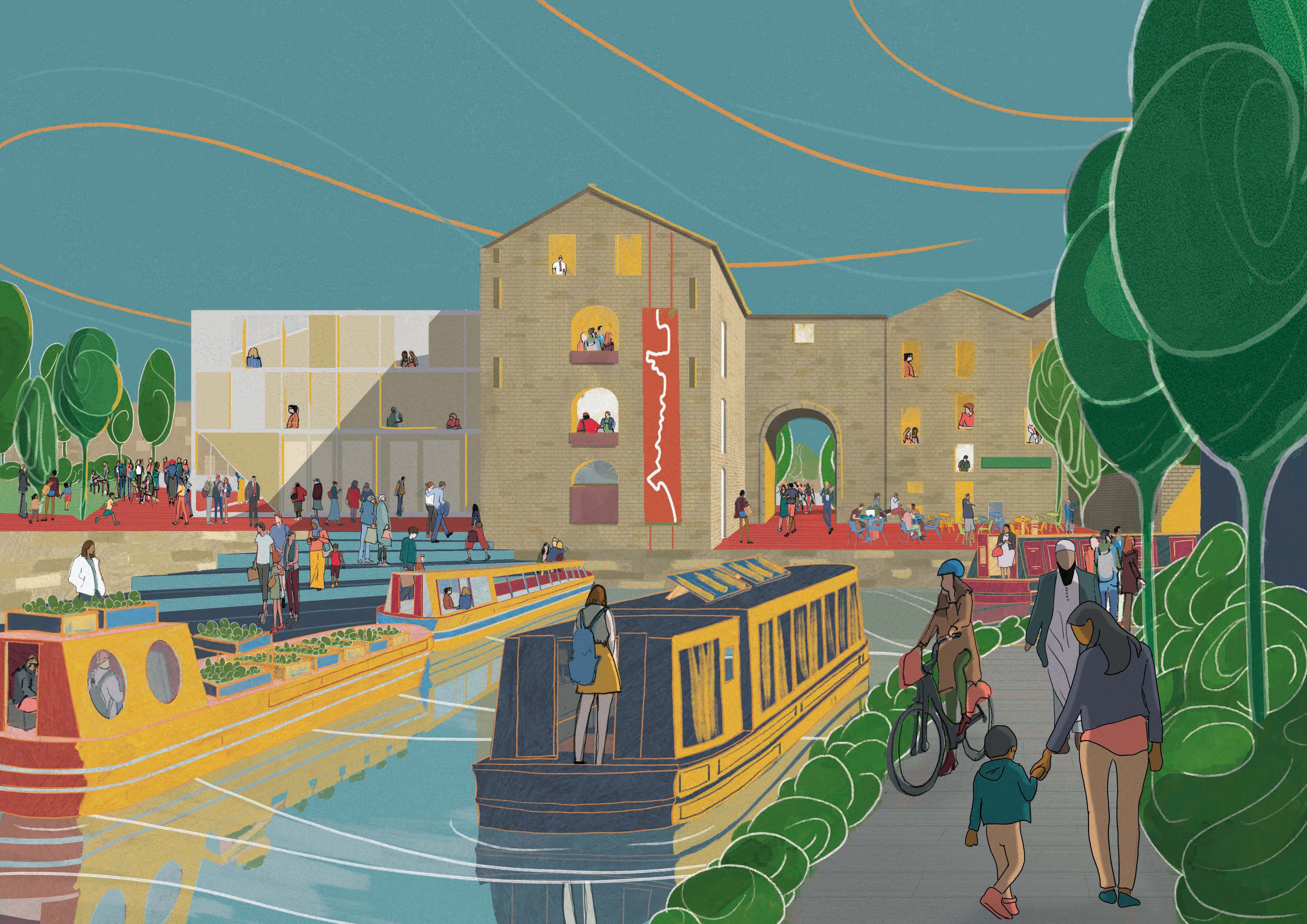 An illustrated view of a canal with narrowboats and people walking and cycling on the towpath with a large re-purposed industrial space in the background.