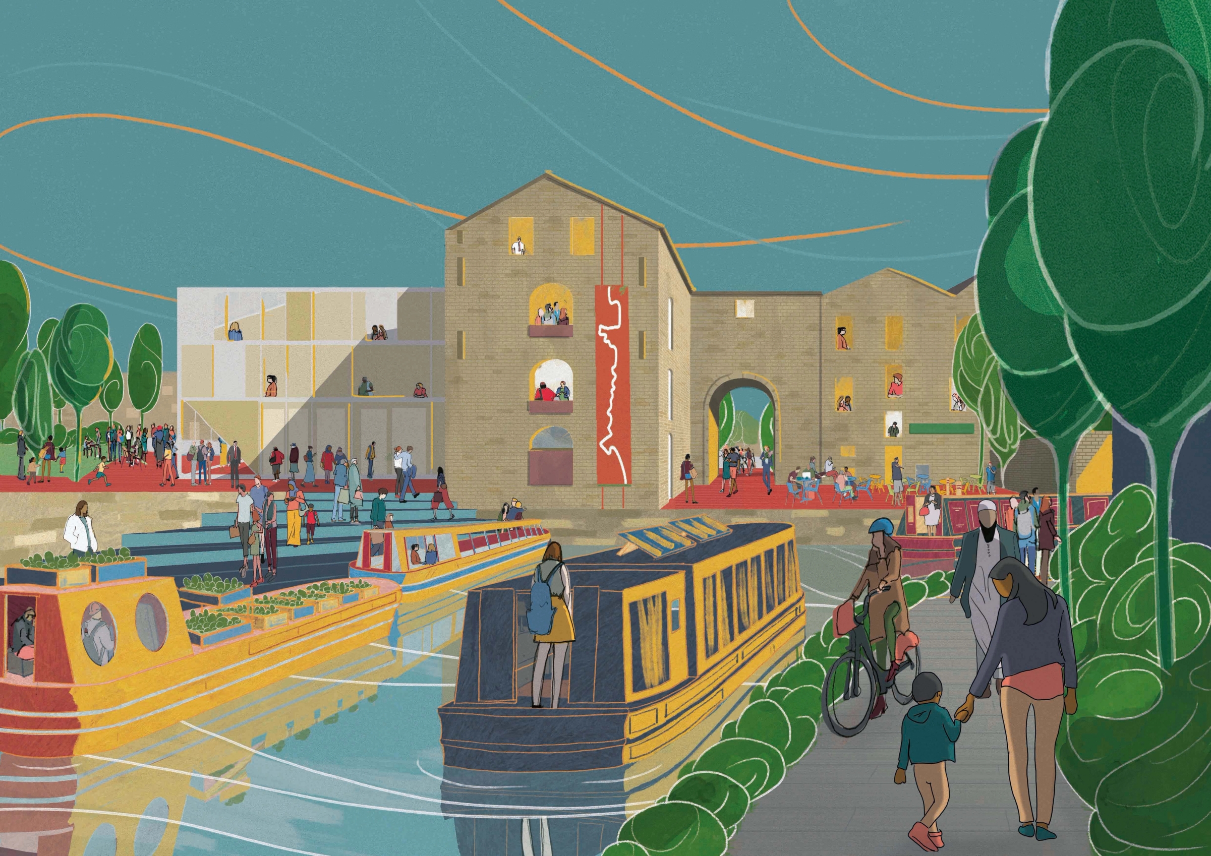 An illustrated view of a canal with narrowboats and people walking and cycling on the towpath with a large re-purposed industrial space in the background.