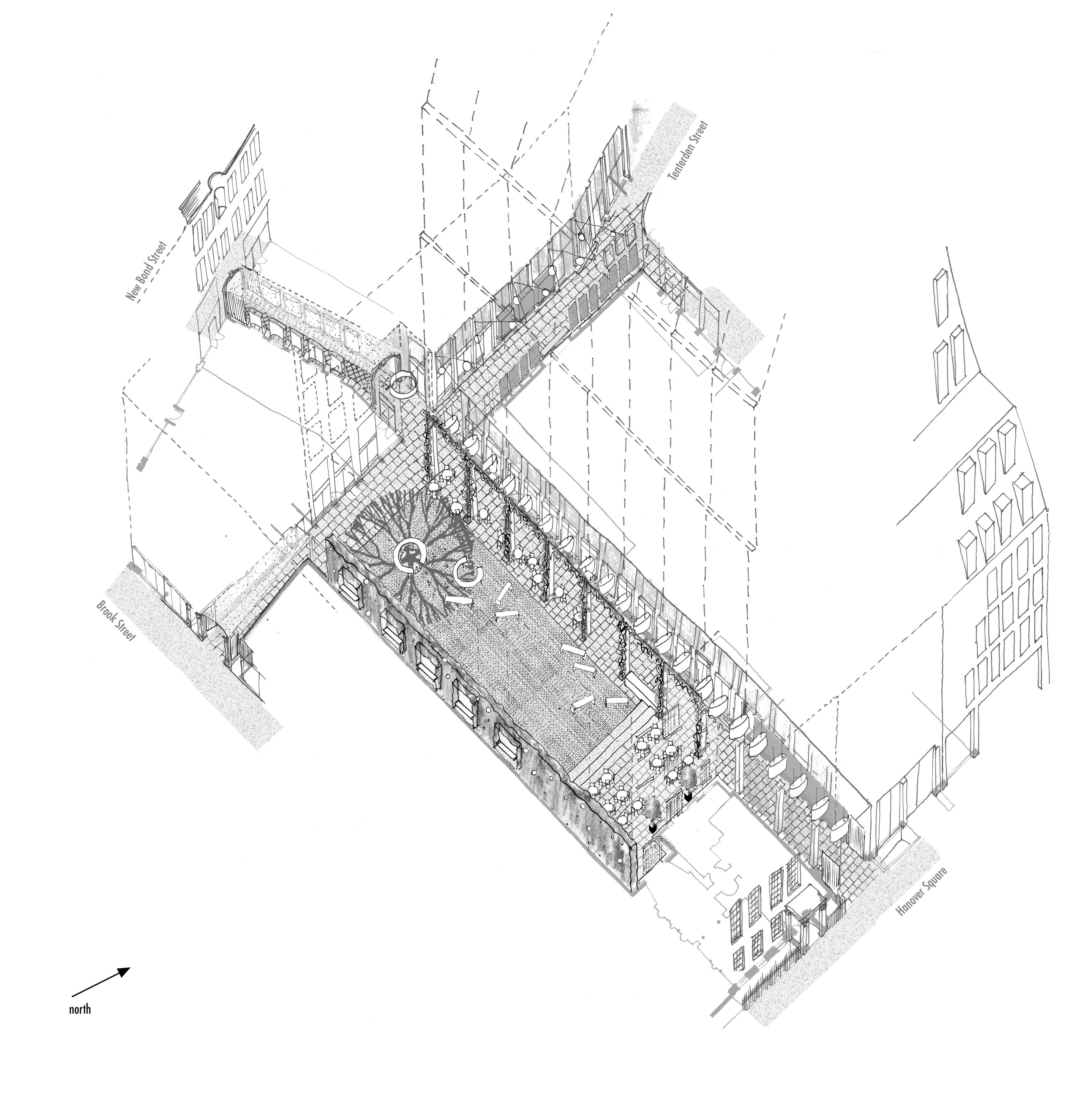 A hand drawn axonometric diagram showing a design proposal for a public space.