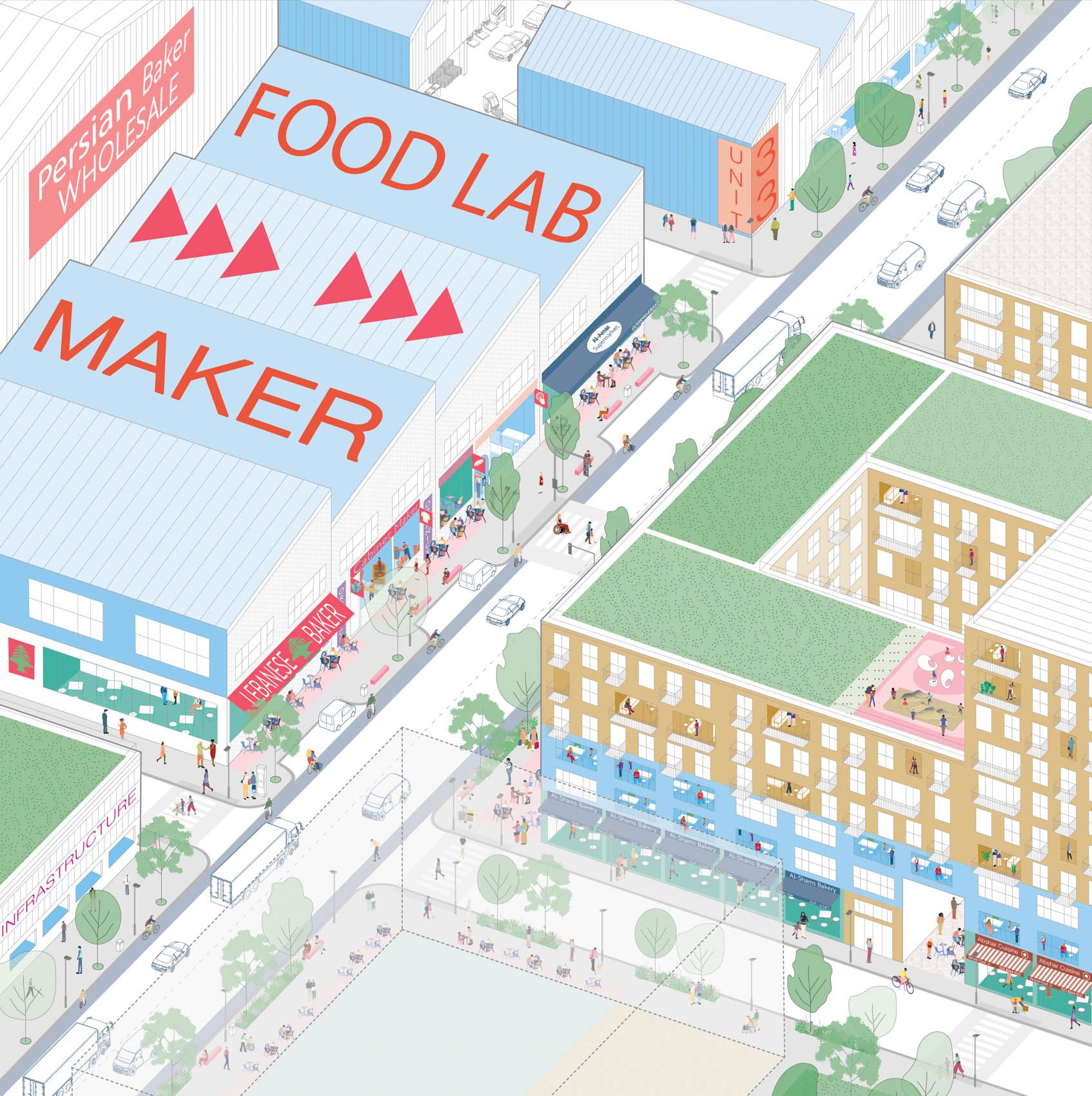 An axonometric illustration of a mixed industrial and residential neighbourhood with residential blocks set above commercial ground floor units.