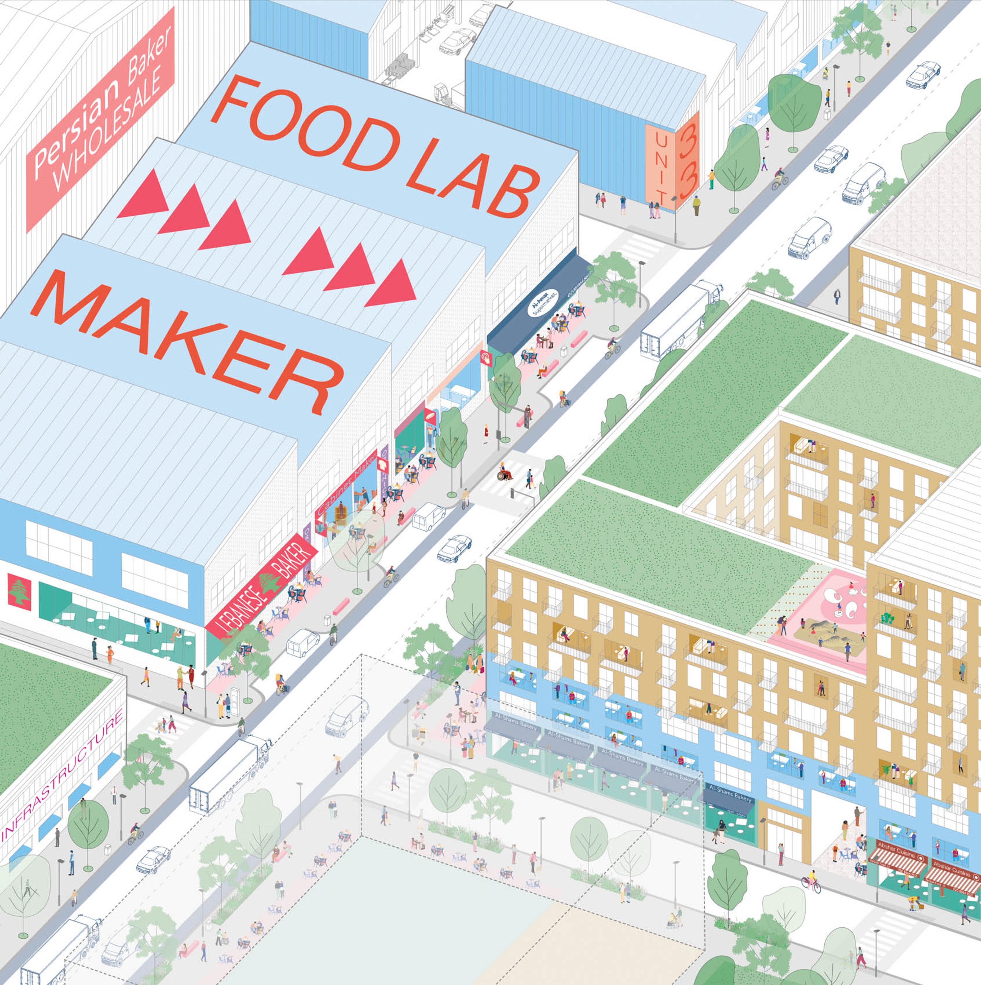An axonometric illustration of a mixed industrial and residential neighbourhood with residential blocks set above commercial ground floor units.