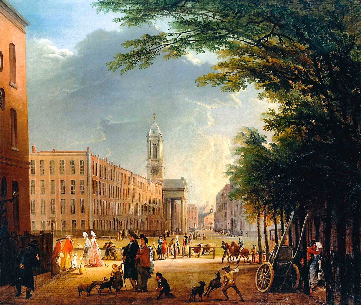 A painting of Hanover Square looking south towards George Street. The scene shows people and livestock walking through the square and dense foliage on the foreground.