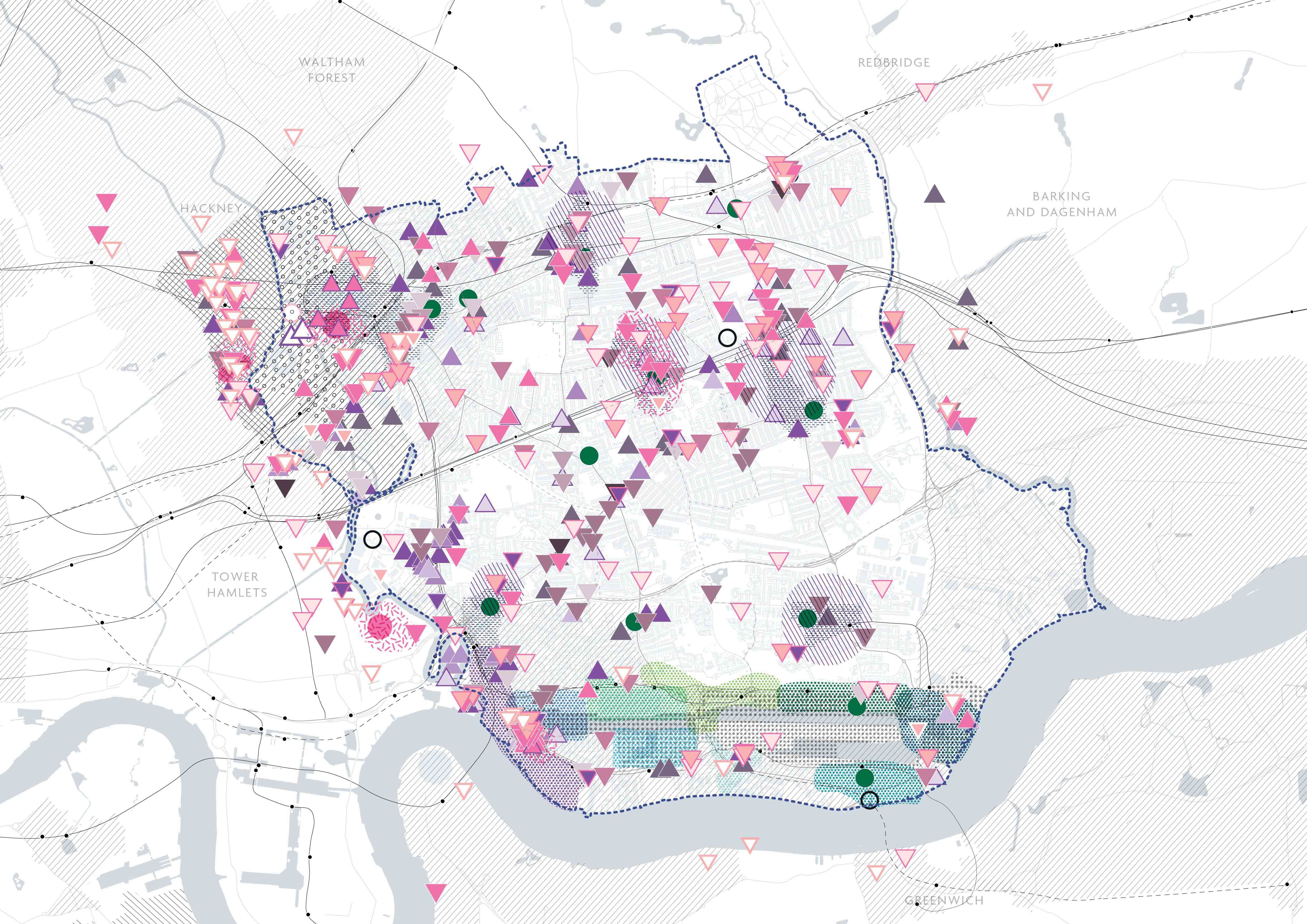 A map of Newham with creative industry businesses and premises and other creative clusters mapped and depicted.