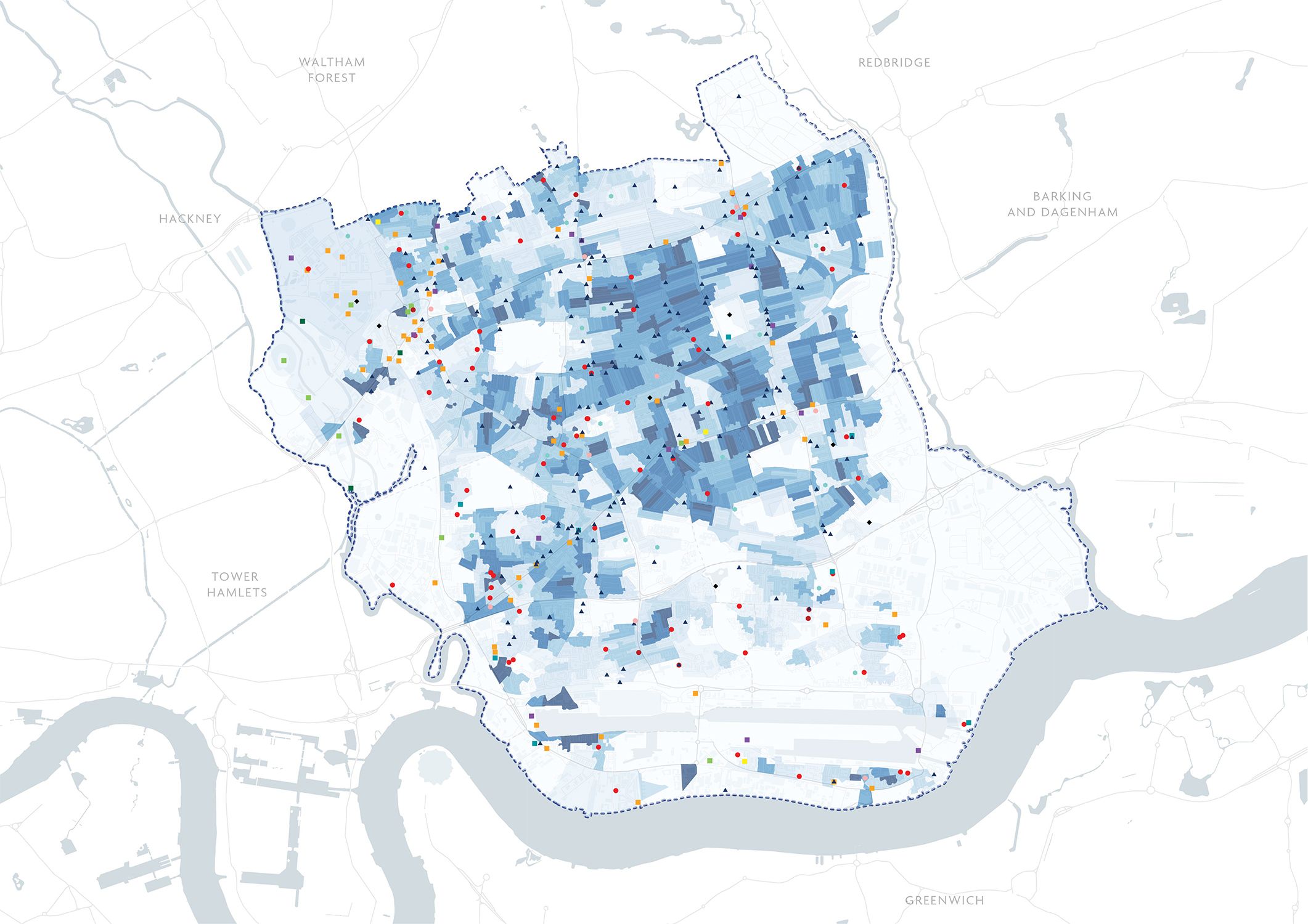 A map of Newham with colour to show population density
