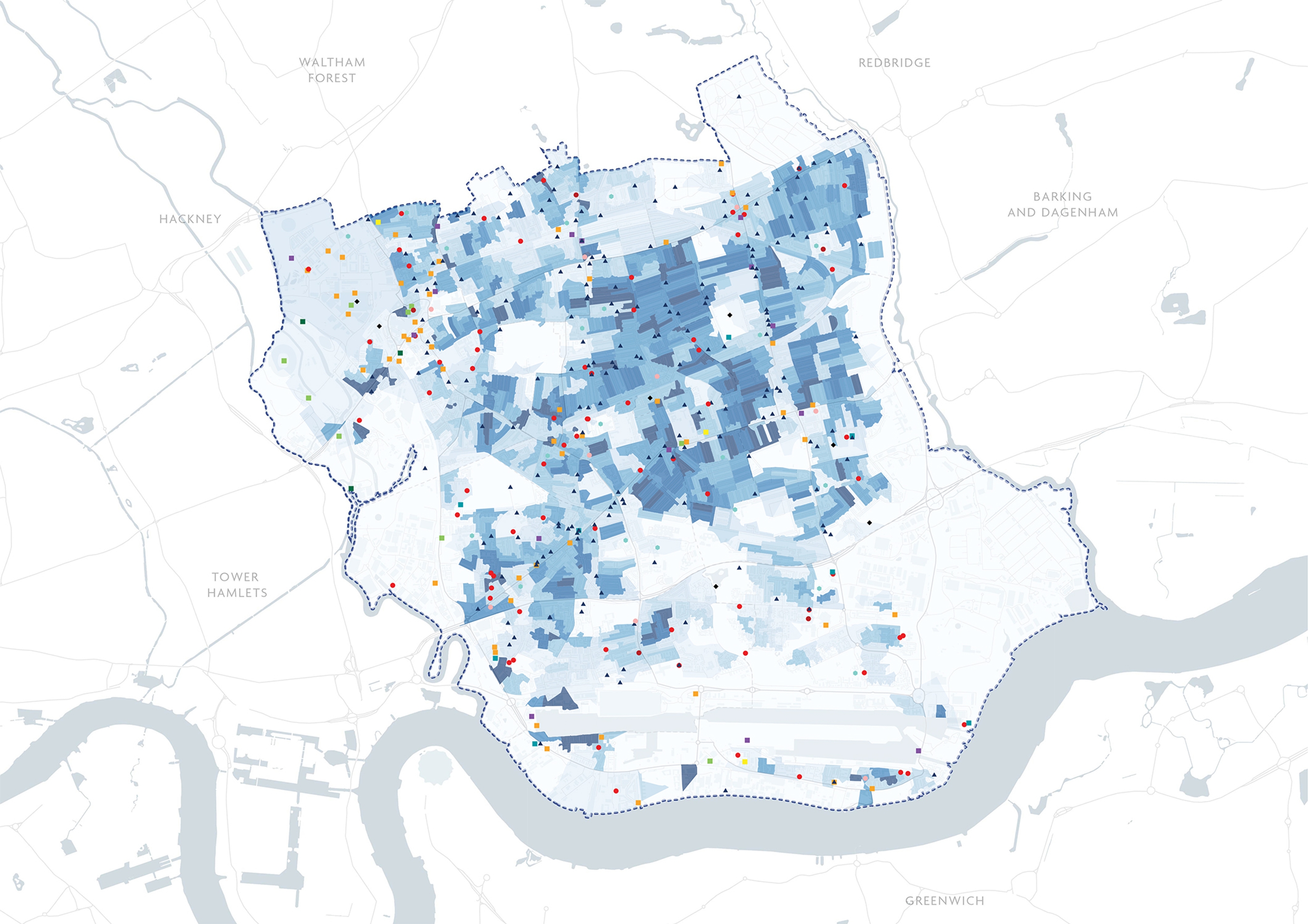 A map of Newham with colour to show population density