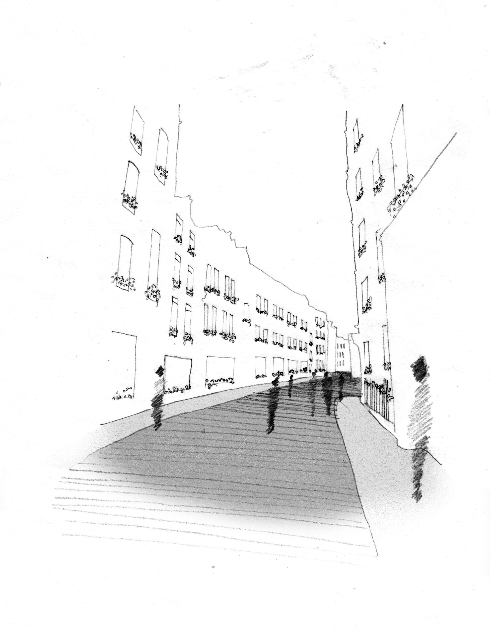 Sketch drawing of a street with pedestrians and tall buildings with overlooking windows.