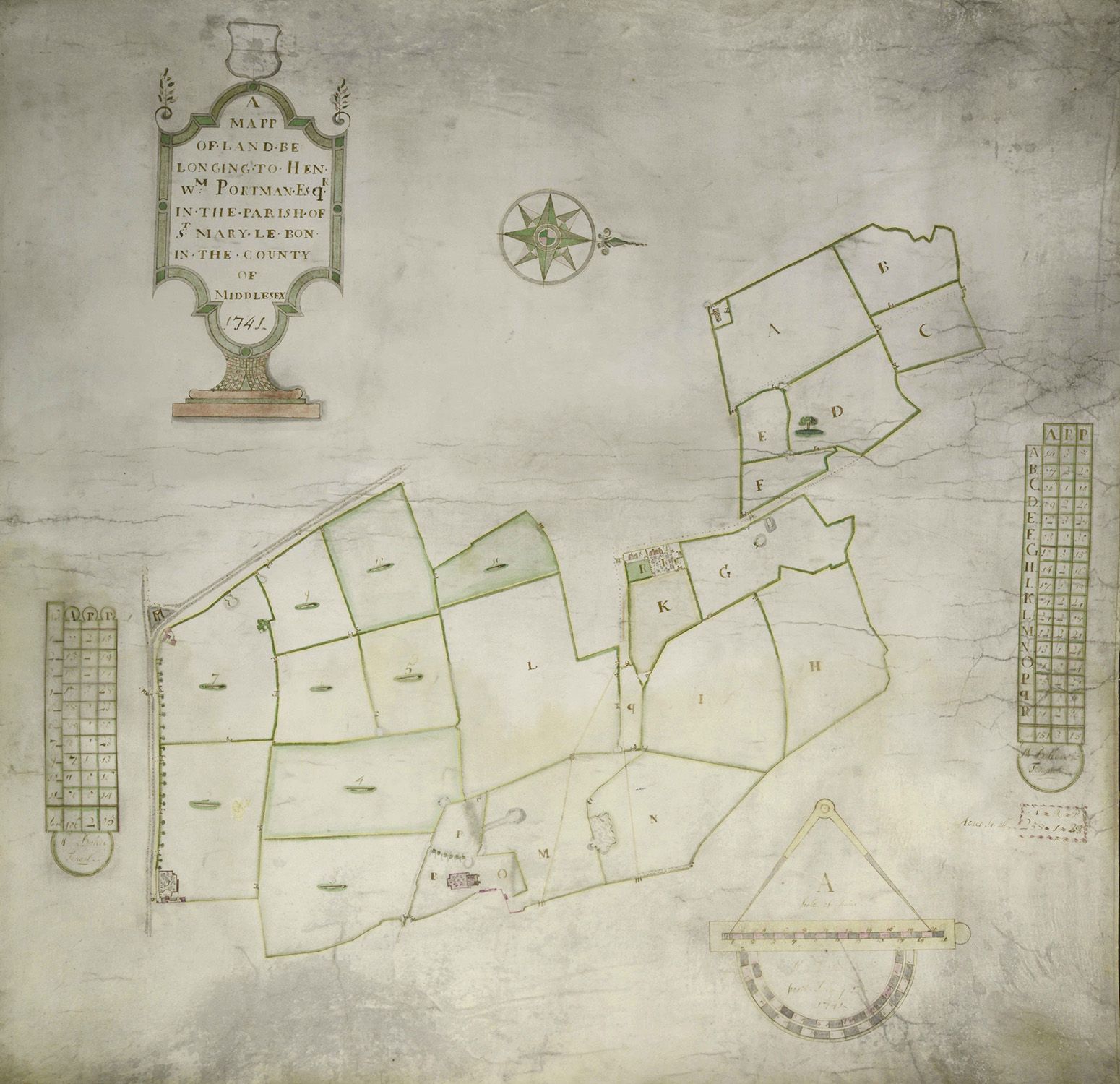 An archival map of lettered land parcels.