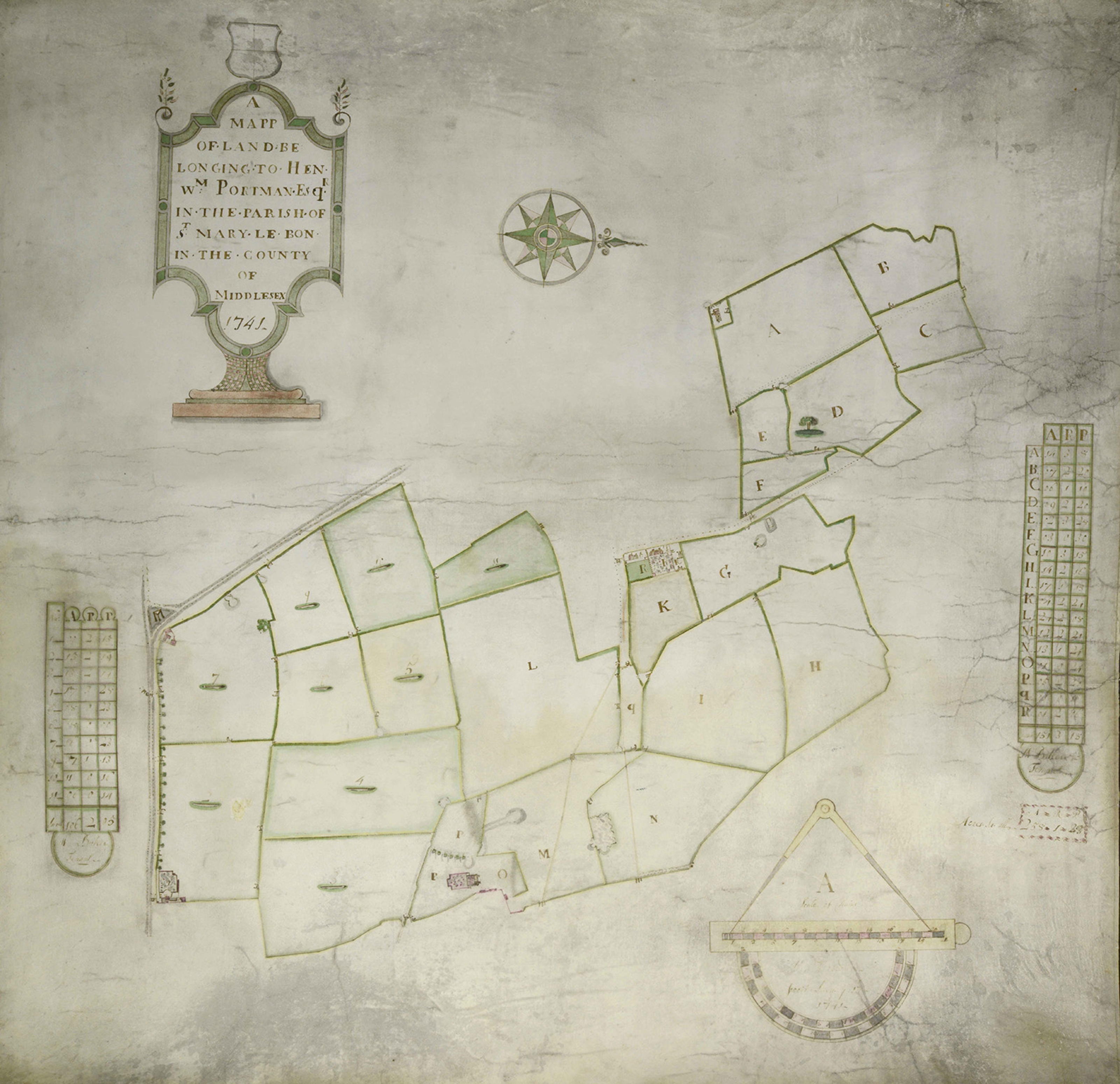 An archival map of lettered land parcels.