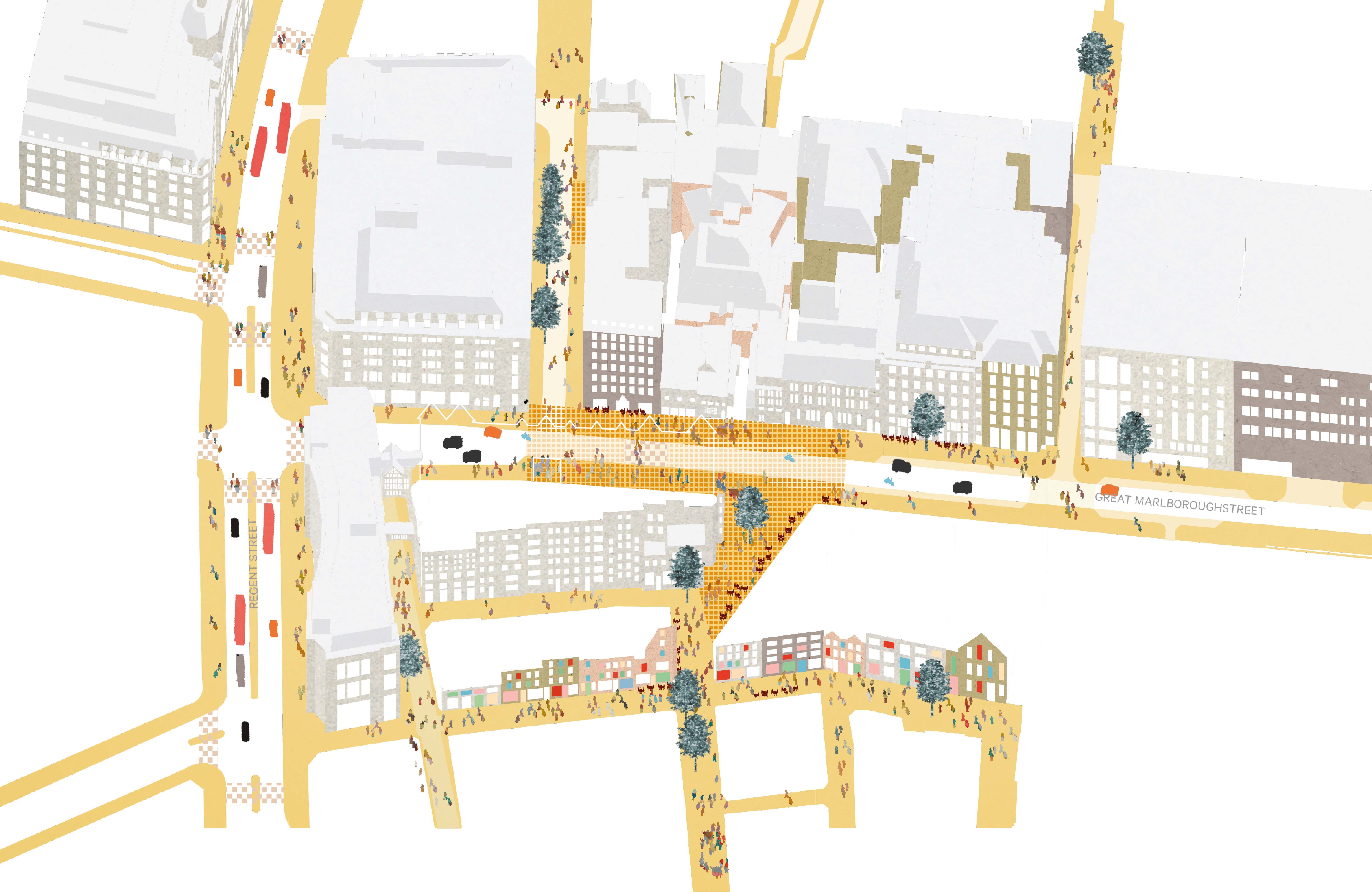 Illustrated plan of the Oxford Street District with streets and public spaces drawn in yellow for emphasis and the façades of buildings visible.