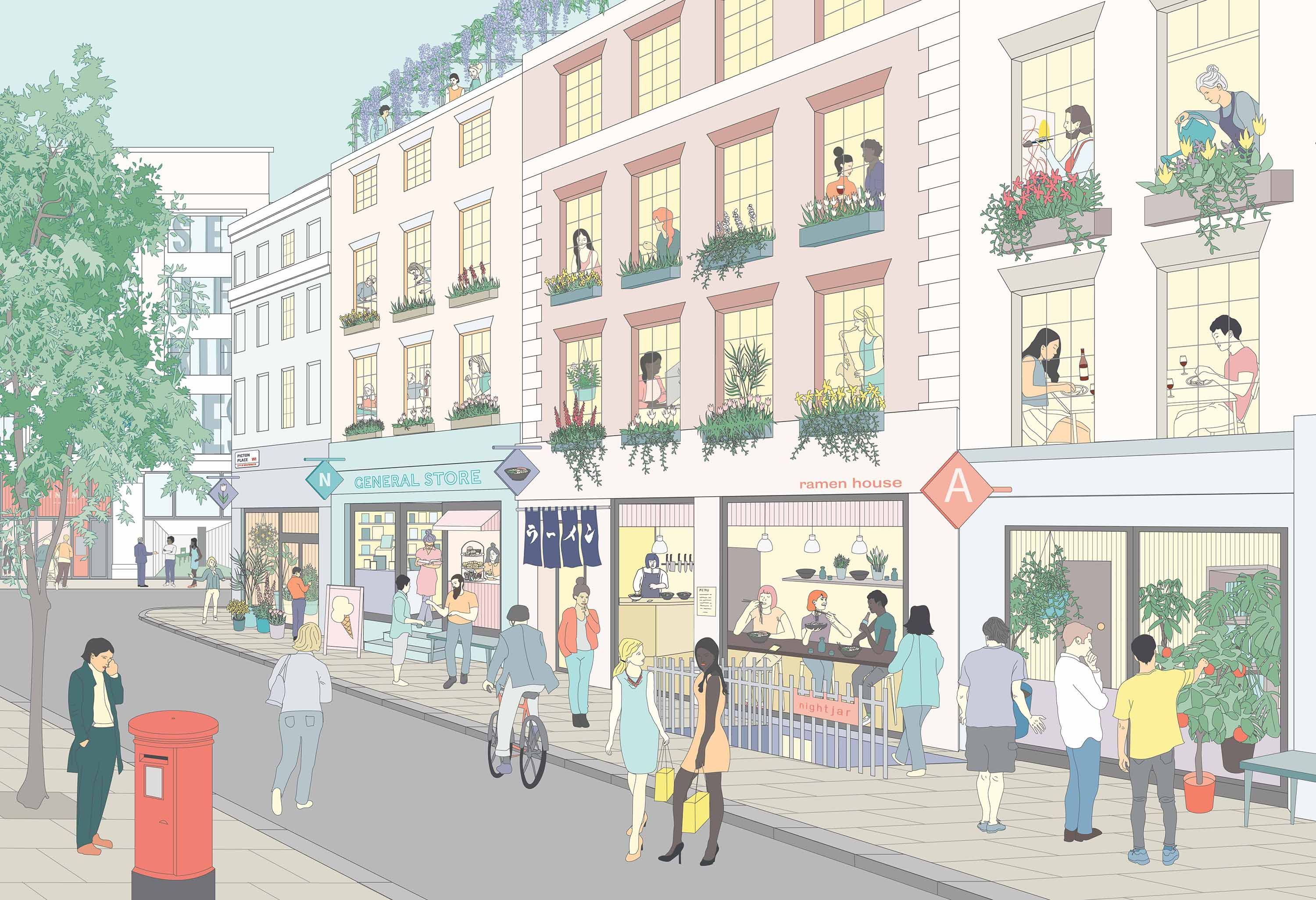 Illustrated view of a street with shops and bars and many pedestrians