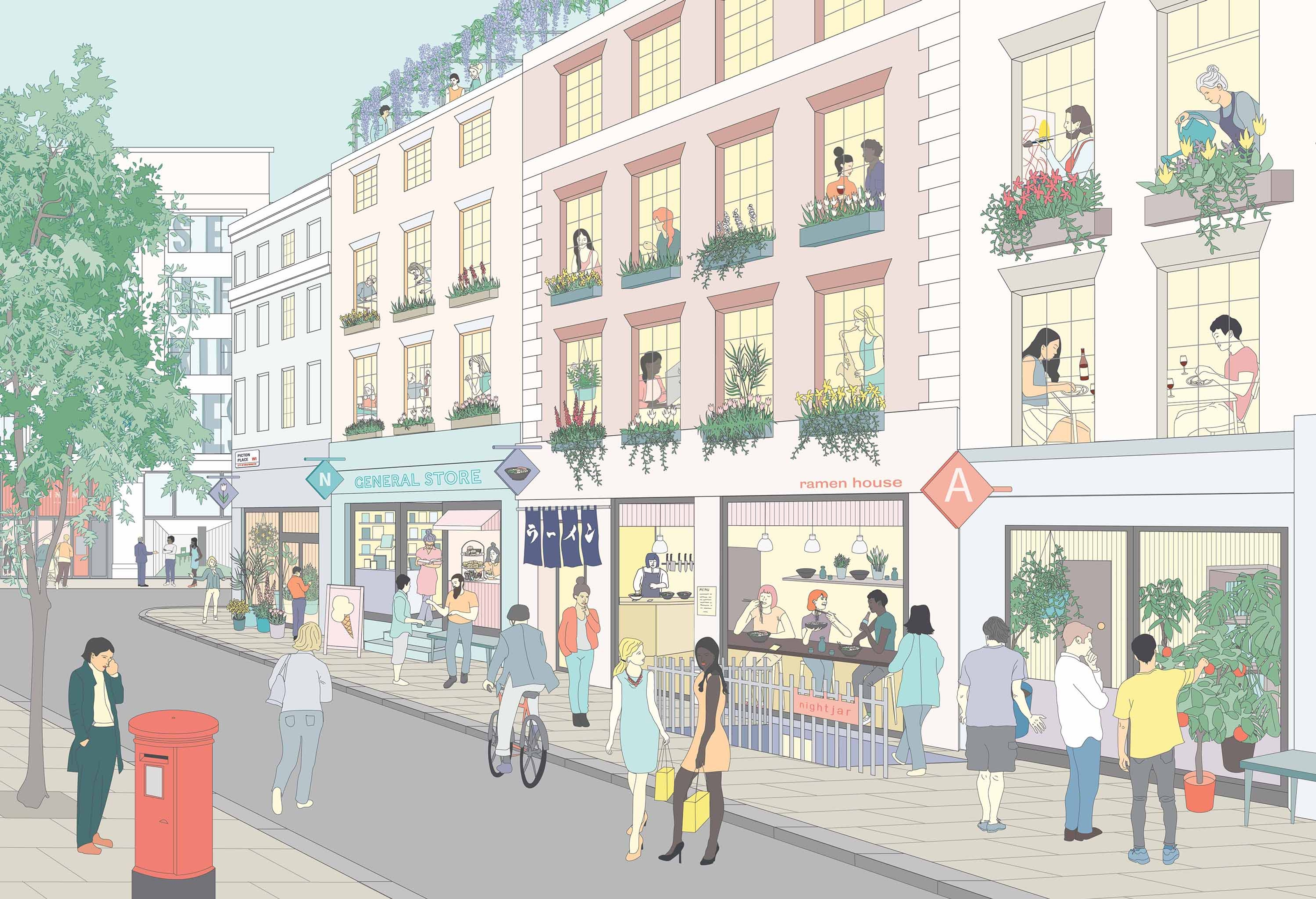 Illustrated view of a street with shops and bars and many pedestrians