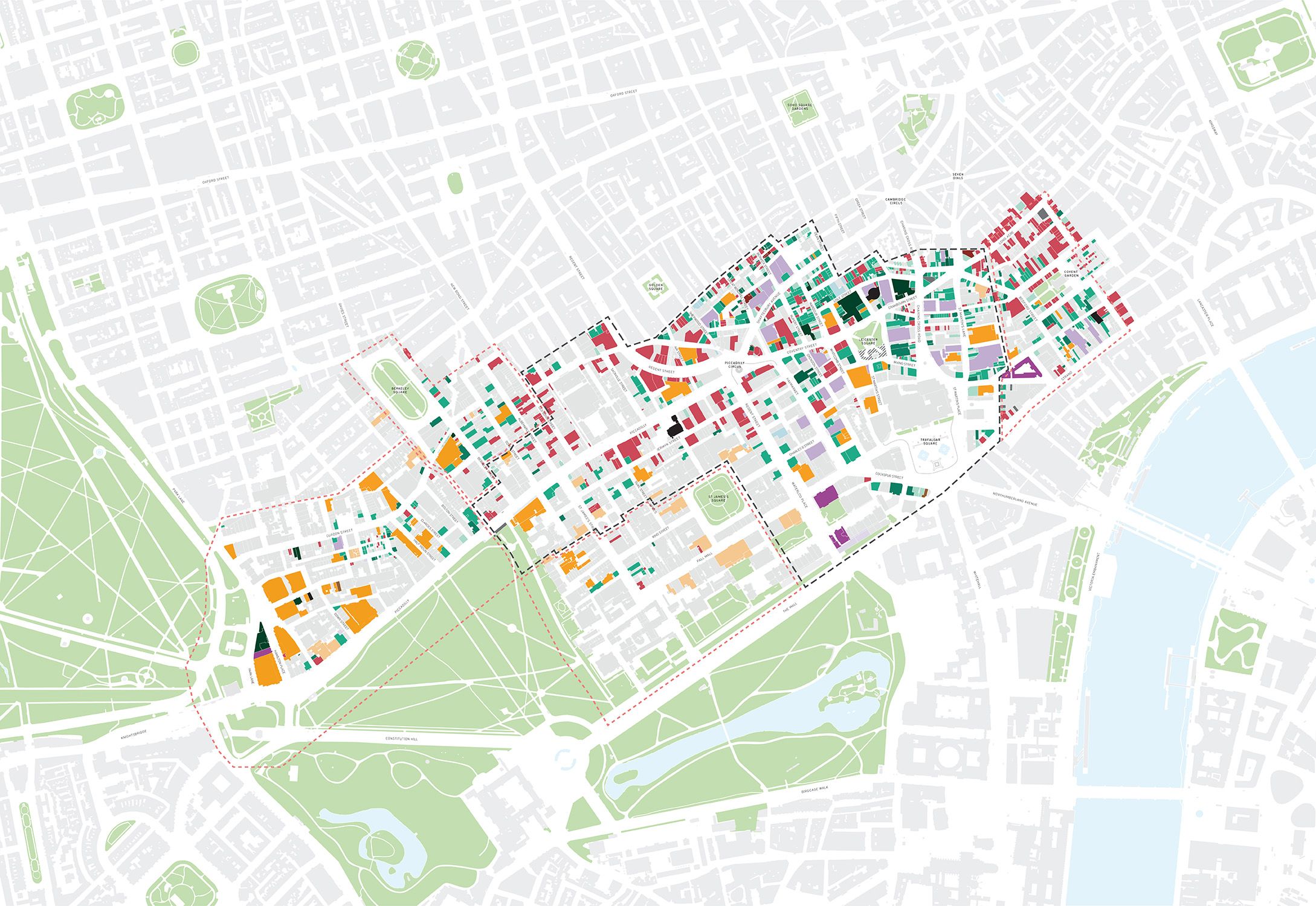 Map of the Heart of London area with land uses colour-coded to show only the businesses that remain open on a Saturday from 6pm to 9pm.