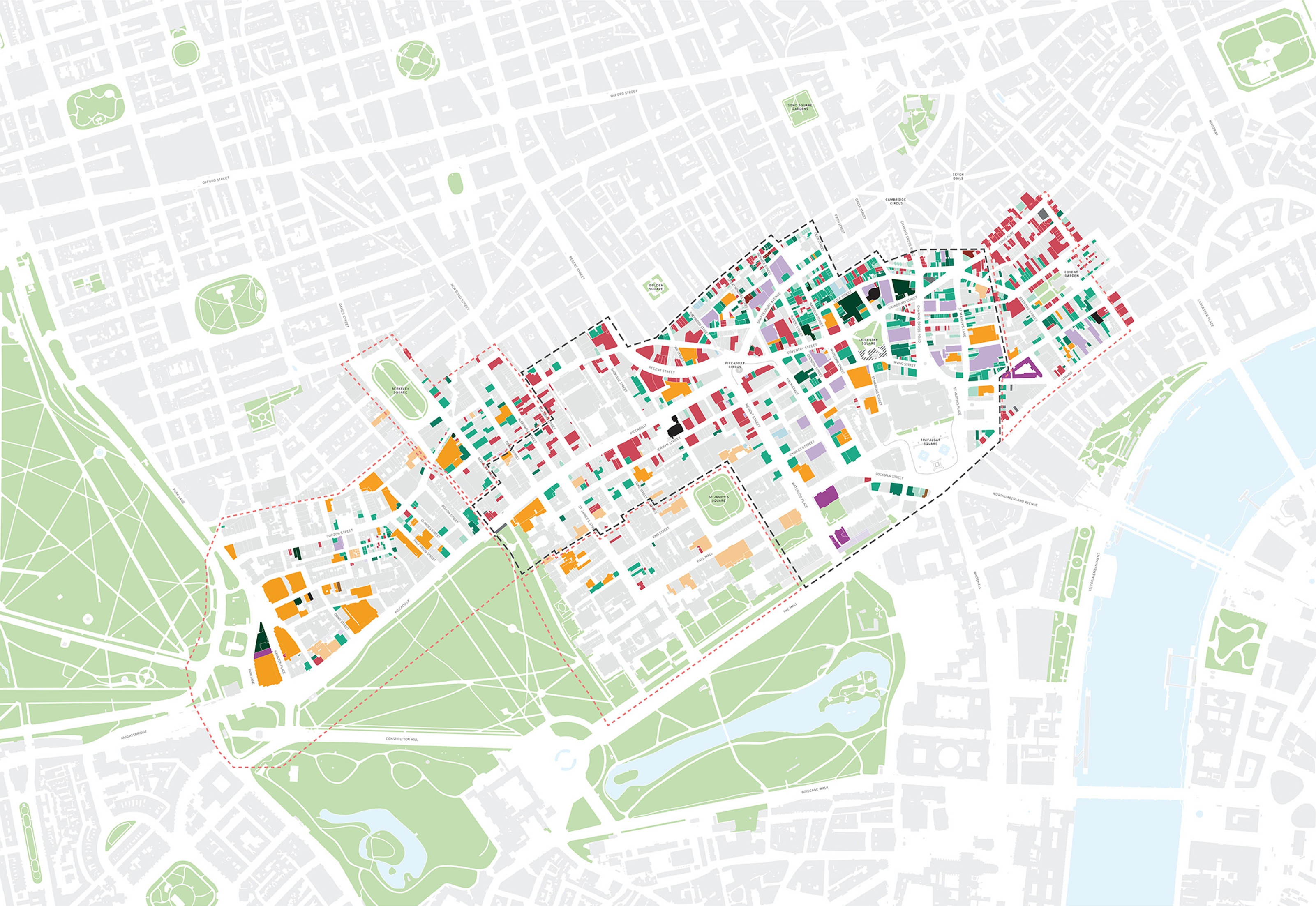 Map of the Heart of London area with land uses colour-coded to show only the businesses that remain open on a Saturday from 6pm to 9pm.
