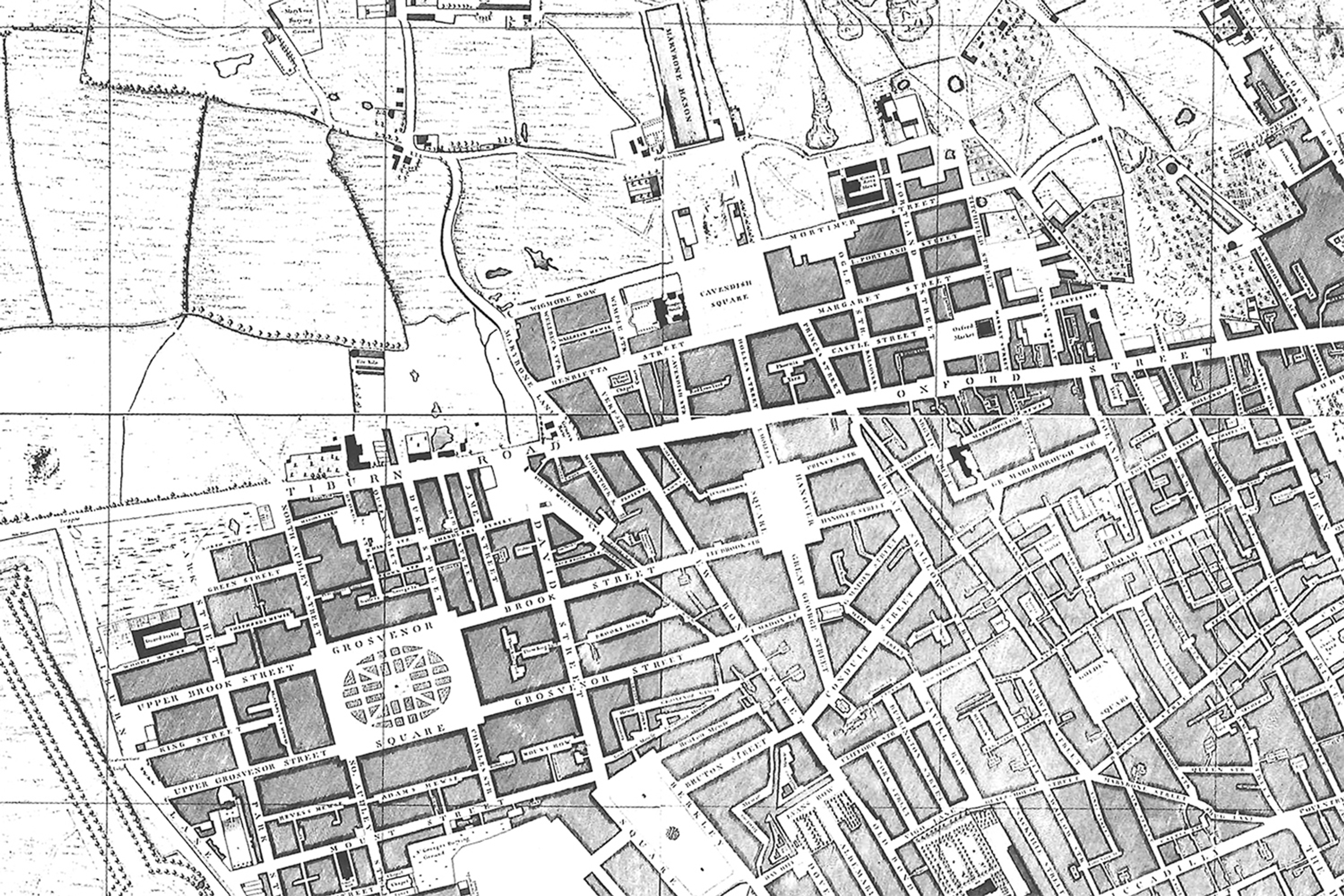 A historic black and white map of Oxford Street and the neighbourhoods to the south, including Hanover Square, showing the original long axial view through the square.