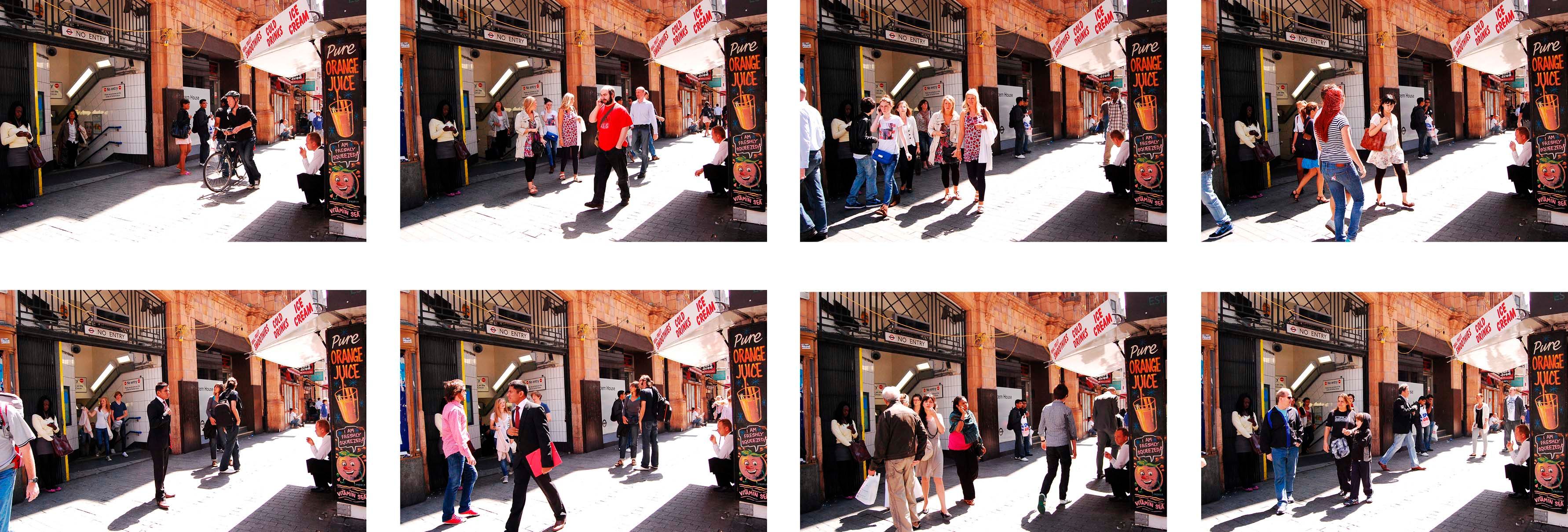 A series of eight photographs taken from the Underground entrance to Oxford Circus station showing people exiting and walking past the entrance. 
