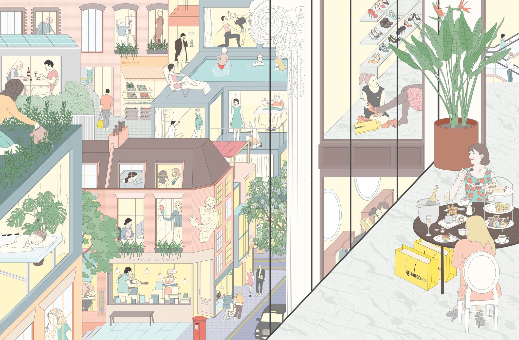 An illustrated view from the upper storey at Selfridges with people having an afternoon tea as they look out the window at the street scene.