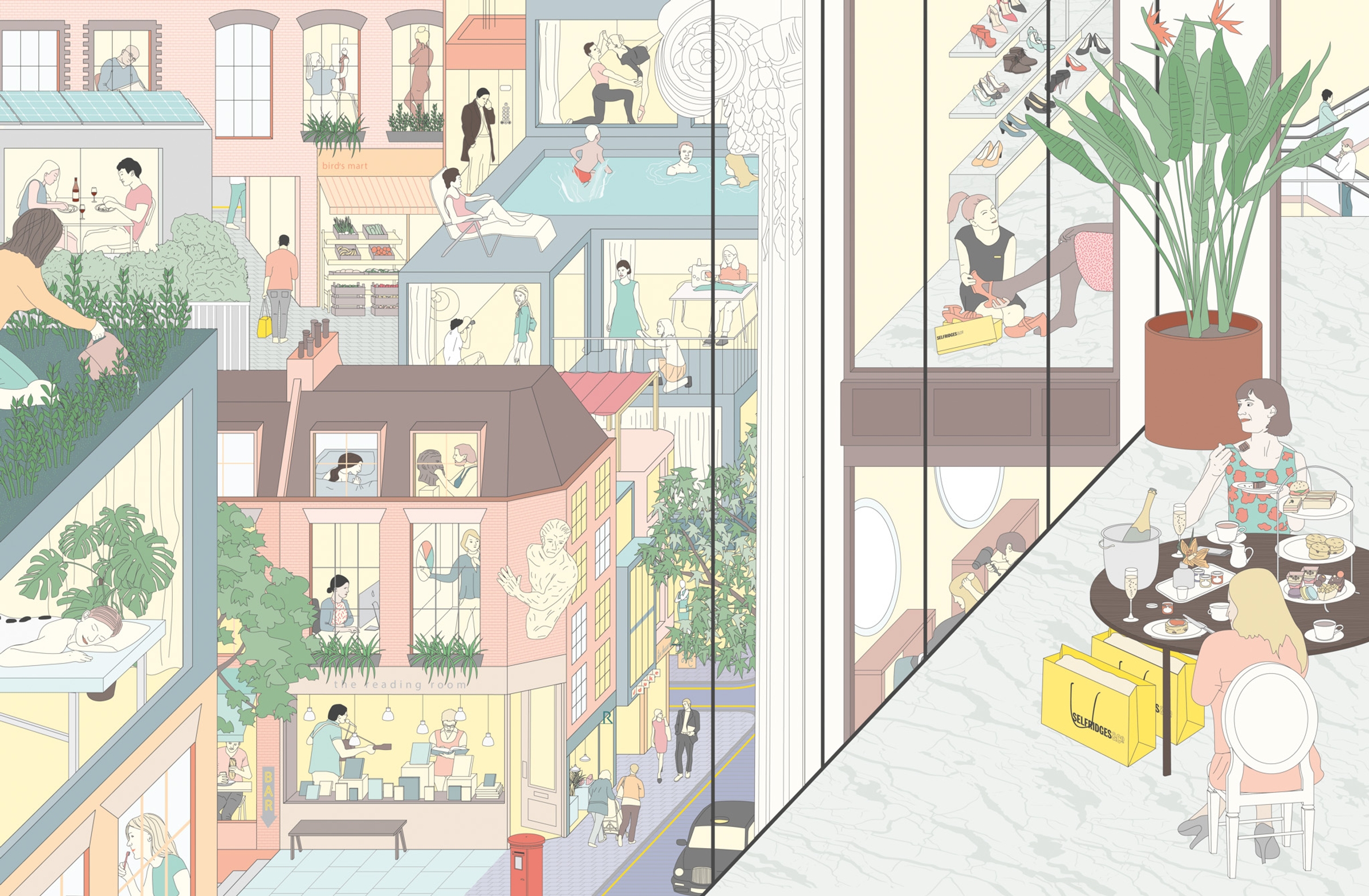 An illustrated view from the upper storey at Selfridges with people having an afternoon tea as they look out the window at the street scene.