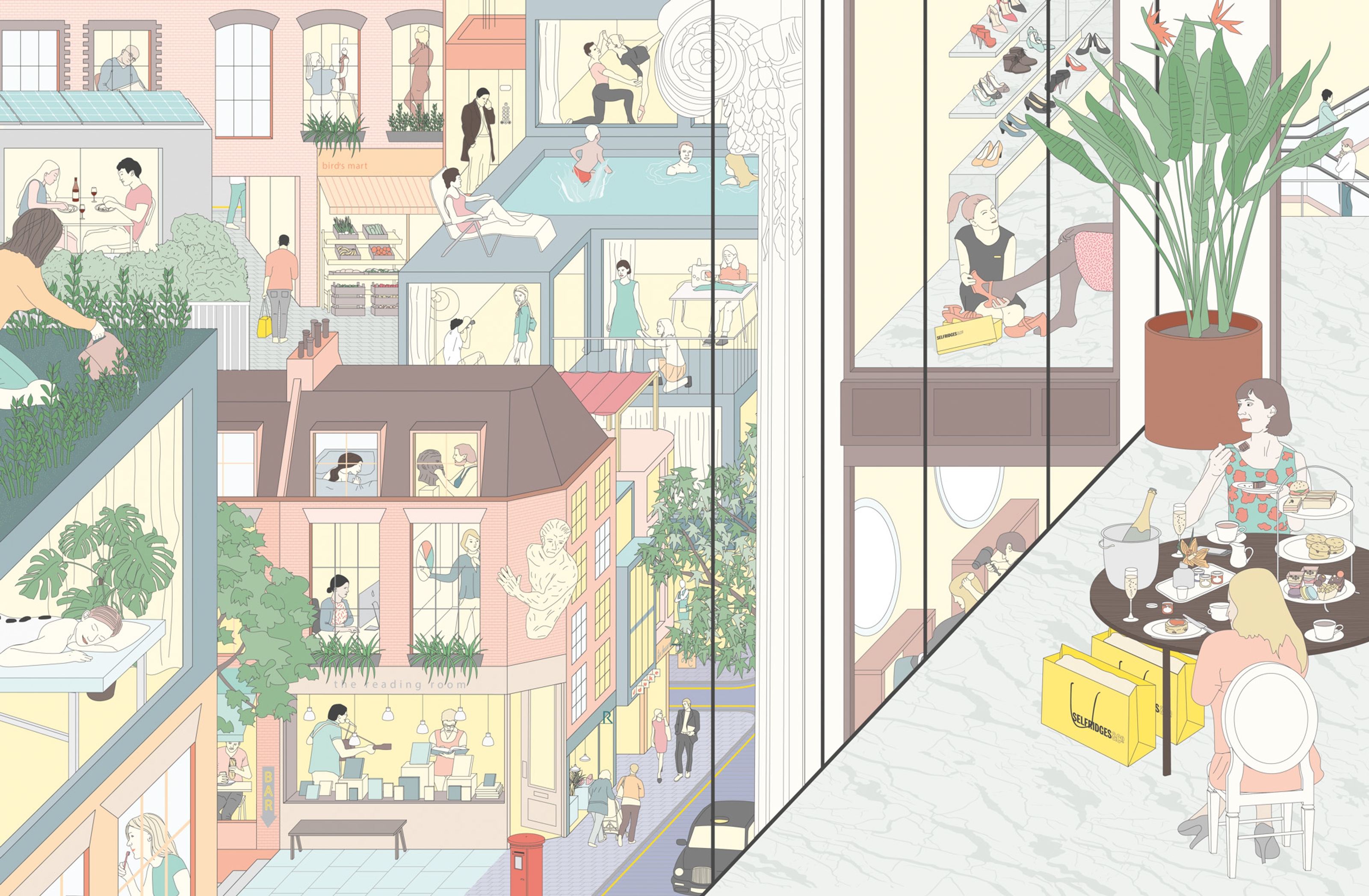An illustrated view from the upper storey at Selfridges with people having an afternoon tea as they look out the window at the street scene.