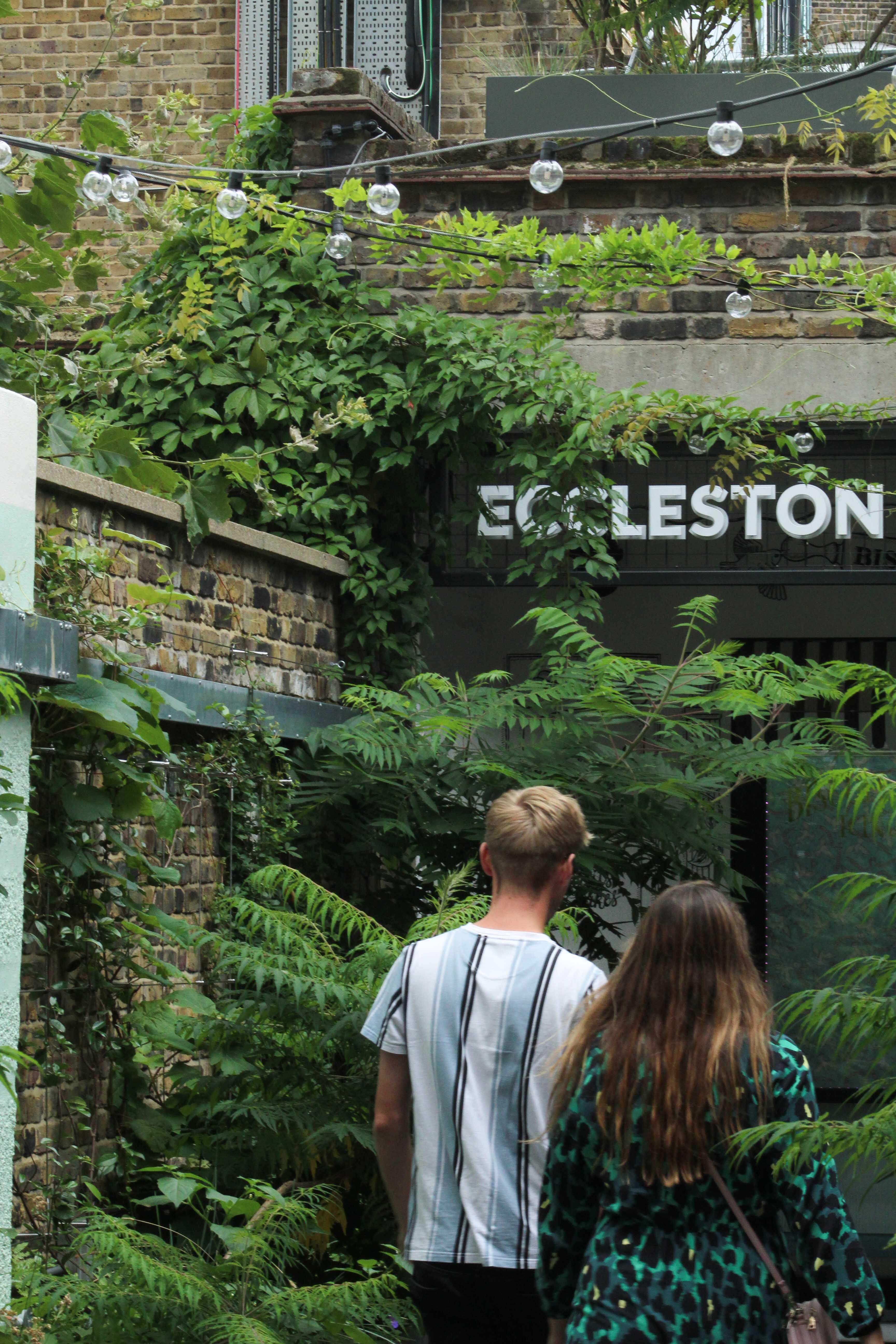 Photograph of planting in Eccleston Yards in daytime with two people walking through.