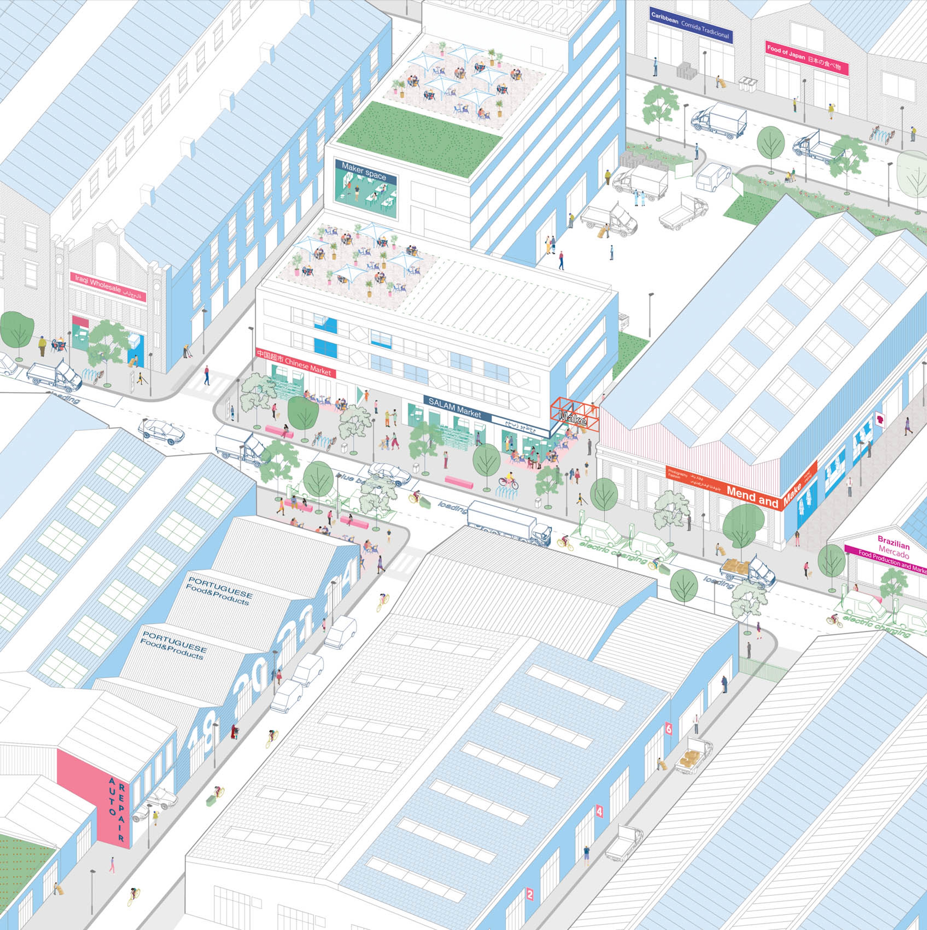 An axonometric illusration of a mix of industrial buildings.