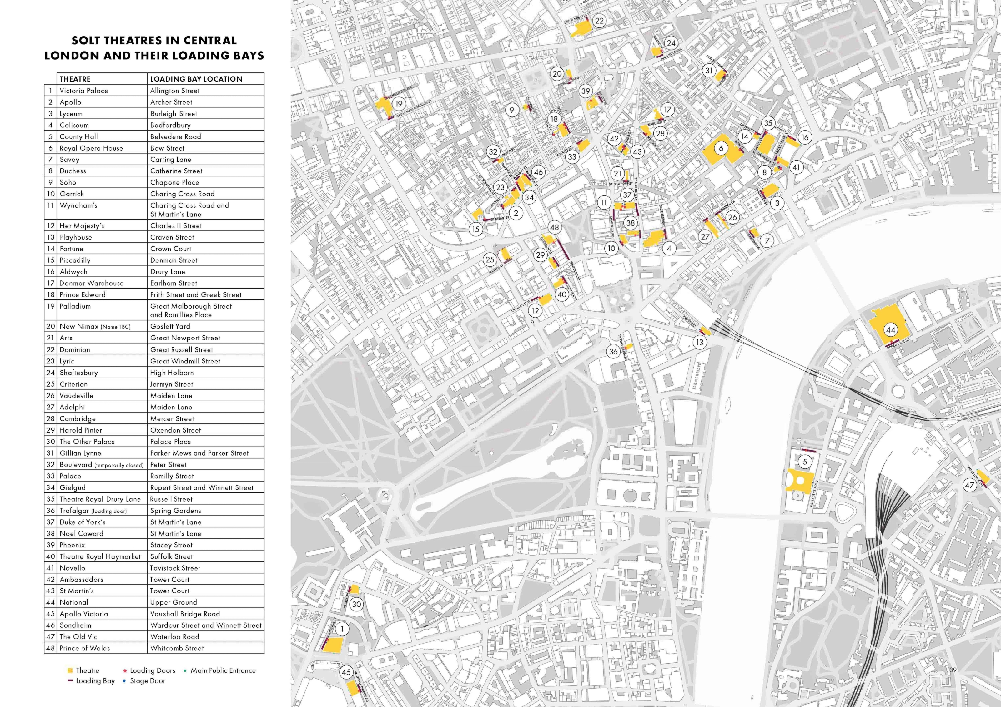 Map of SOLT theatres in central london and their loading bays with an information key
