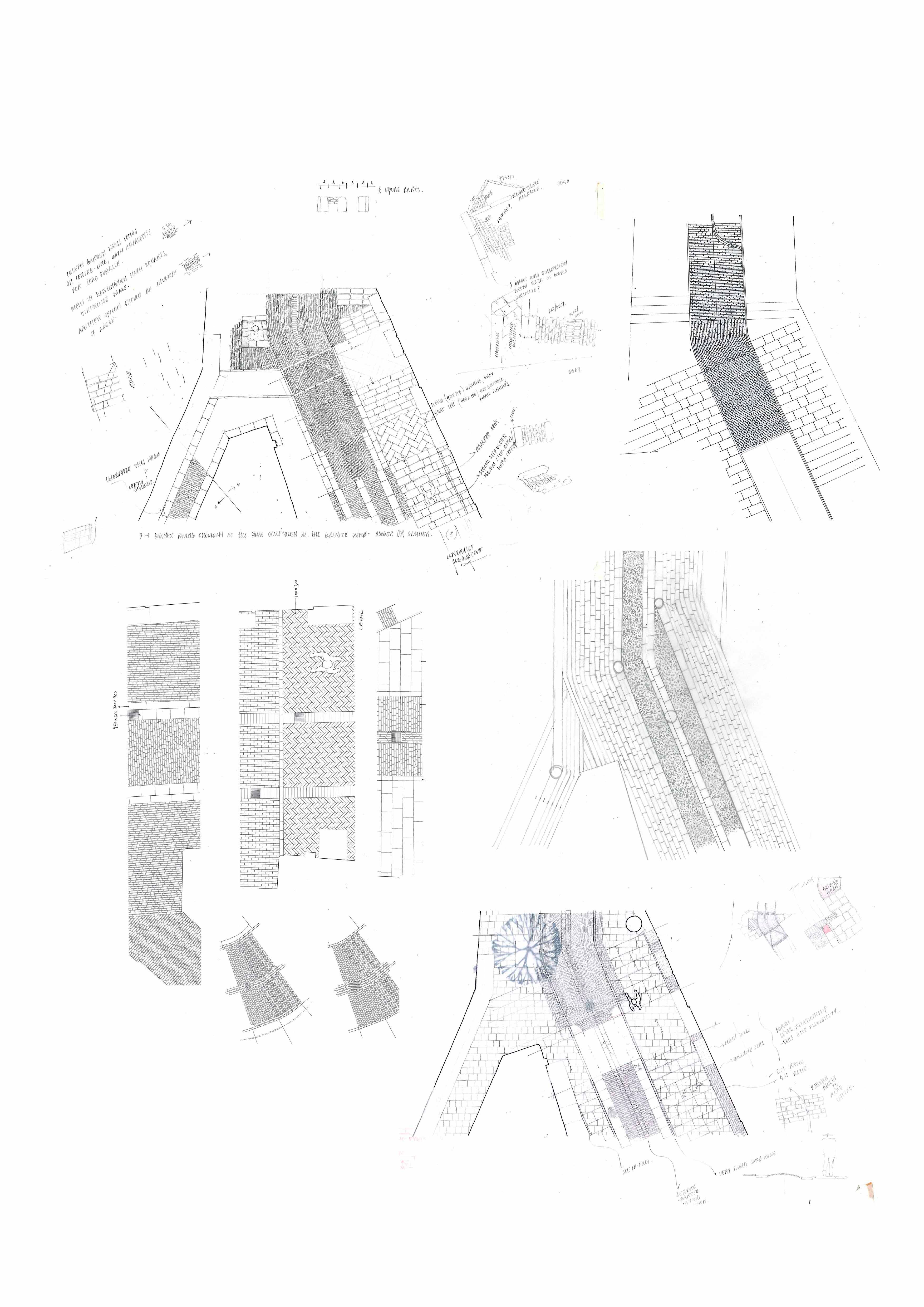 A series of five studies exploring the detailed design and arrangement of paving materials.