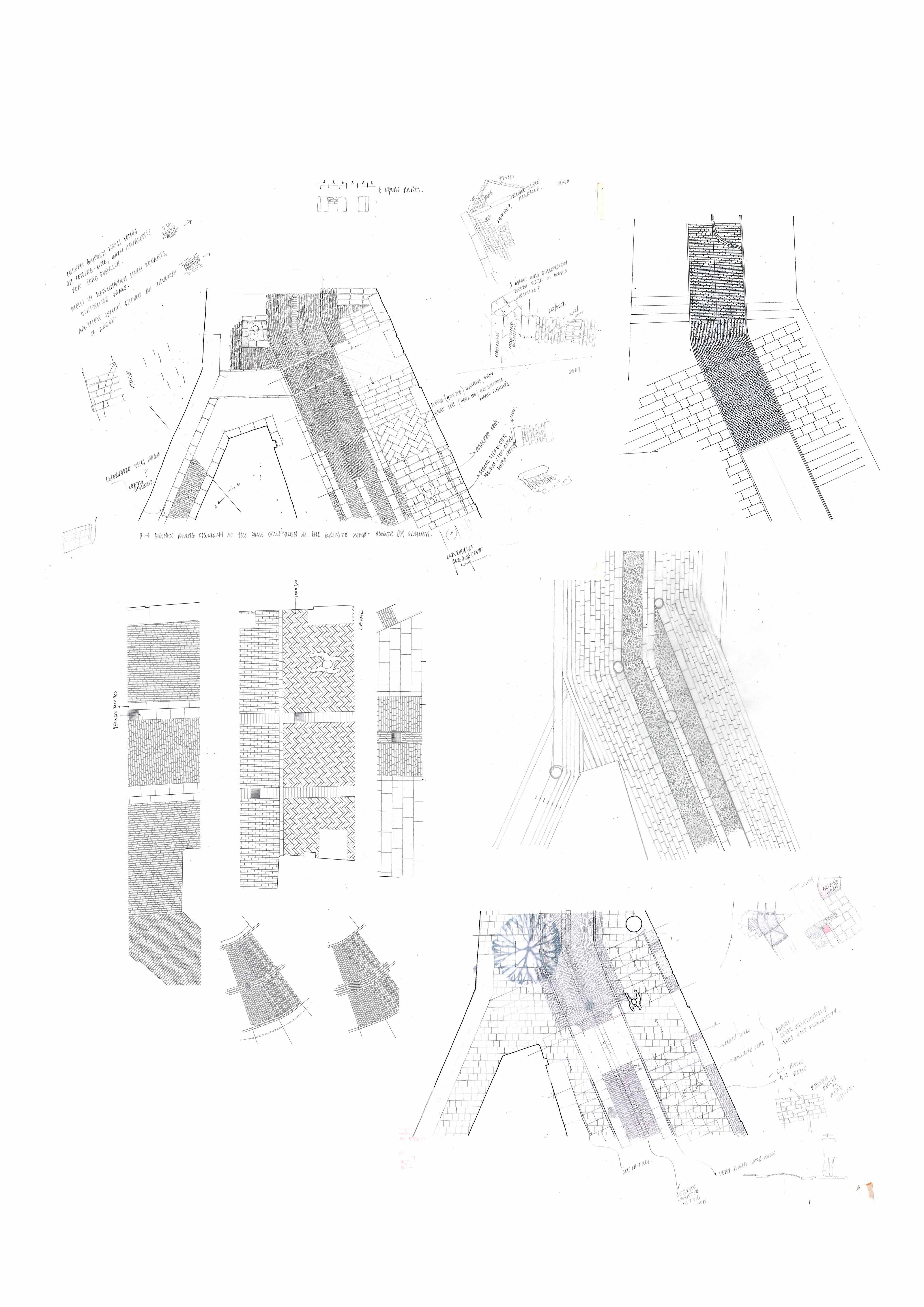 A series of five studies exploring the detailed design and arrangement of paving materials.