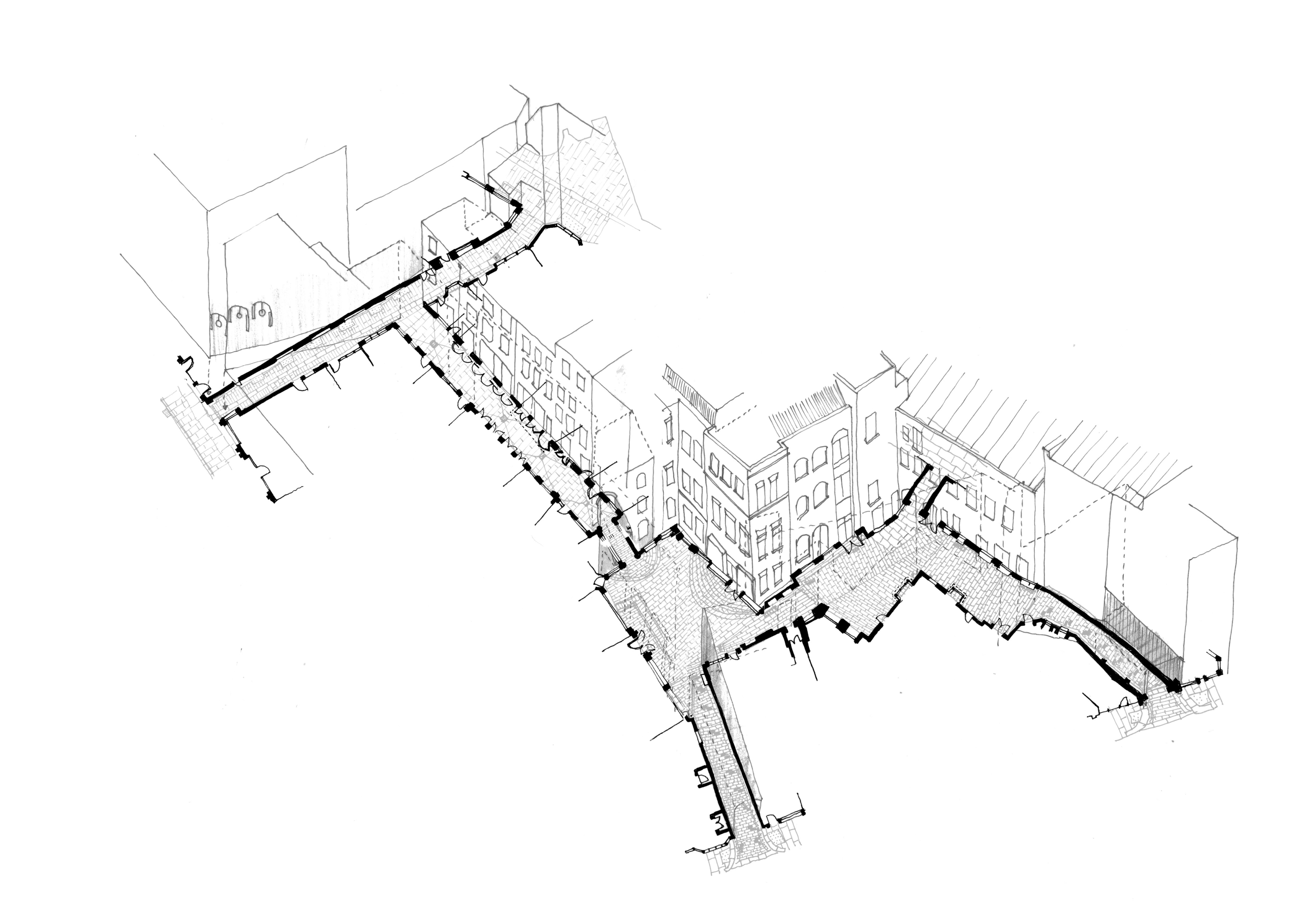 A hand drawn axonometric diagram showing a network of existing public spaces and the building frontages that face onto the public realm.