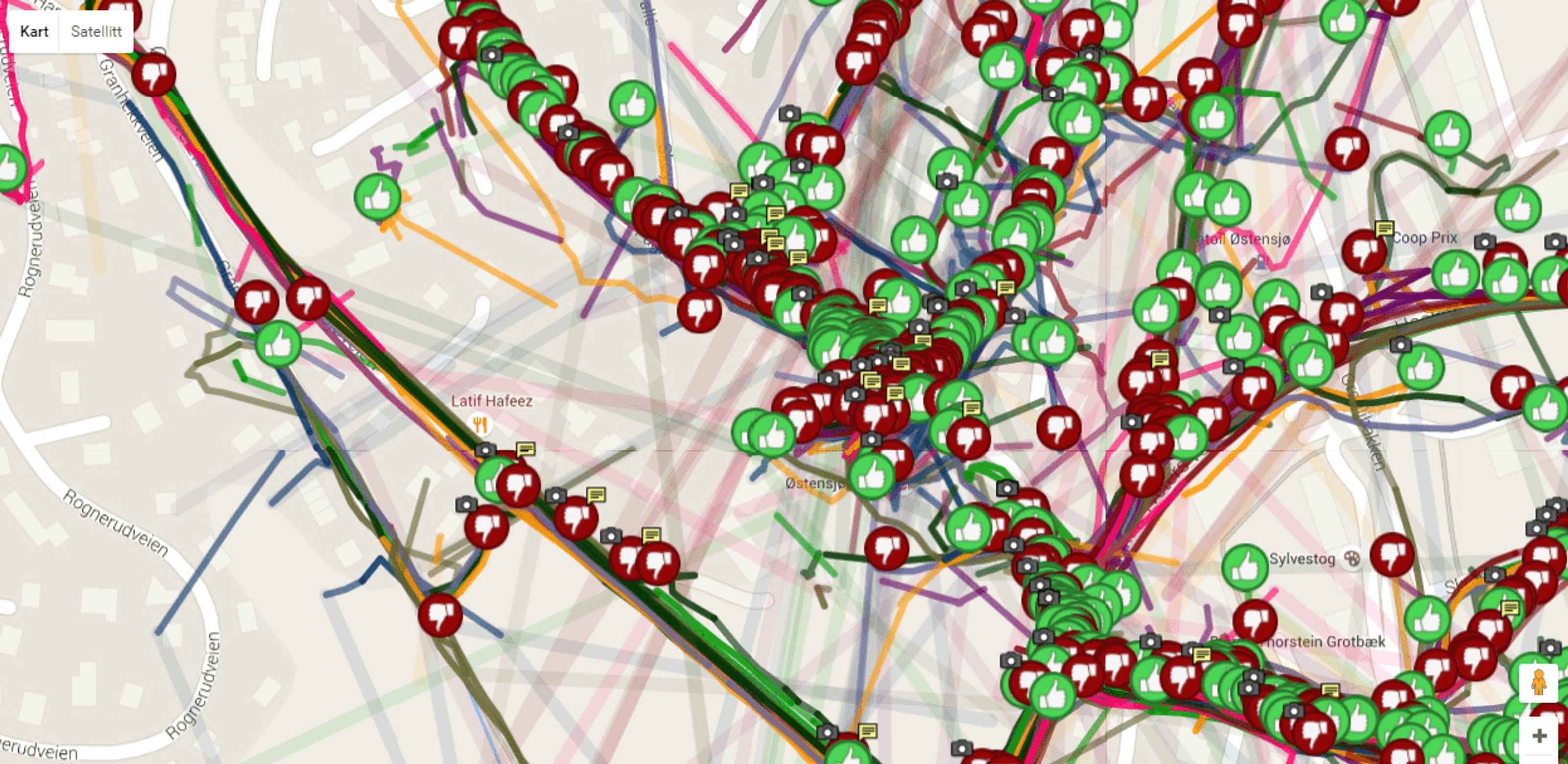 A digital map with colour-coded streets highlighted and green or red thumbs up or thumbs down symbols.