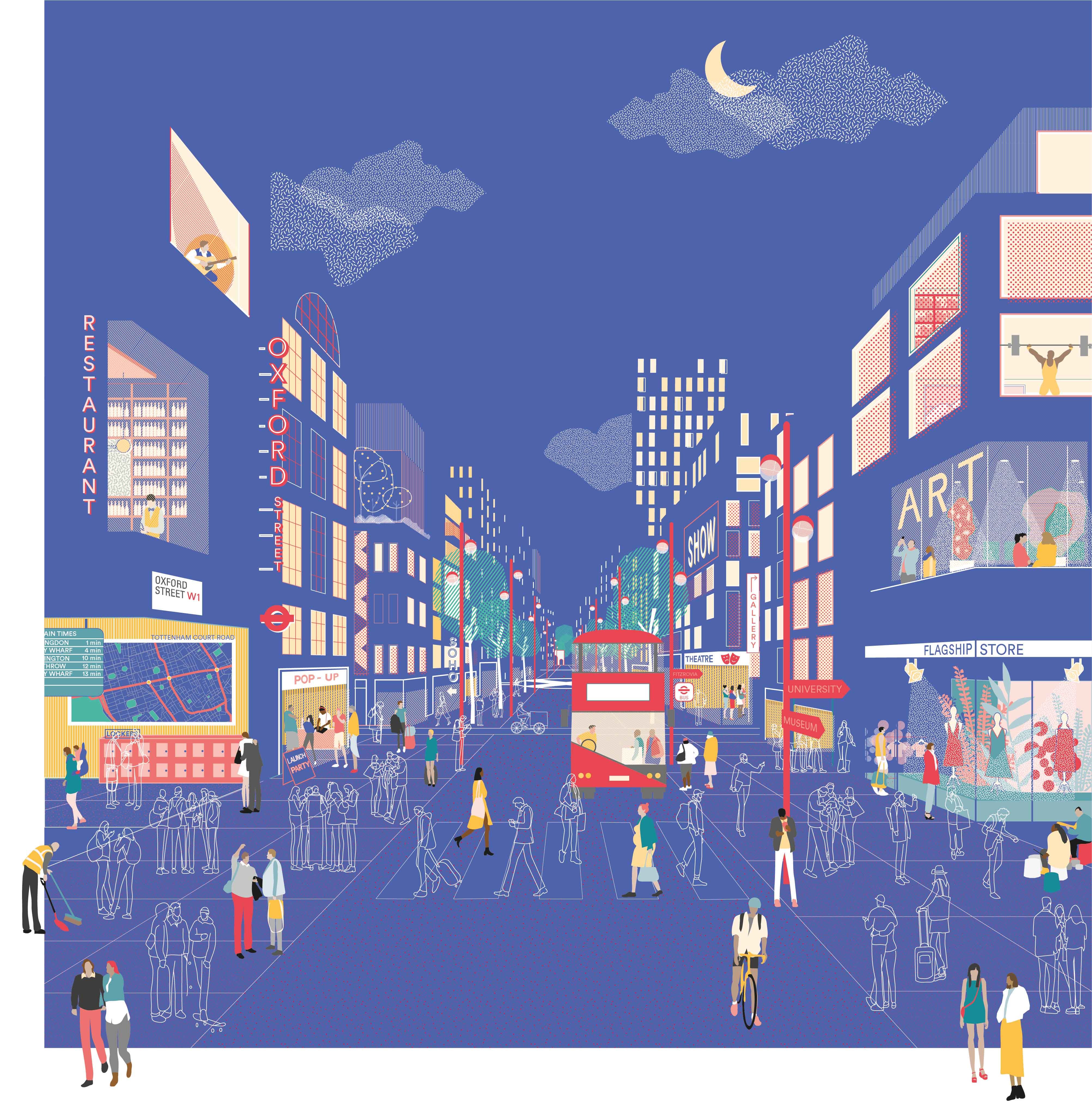 An illustrated view of Oxford Street at night with a bus and activity visible in upper floor windows.