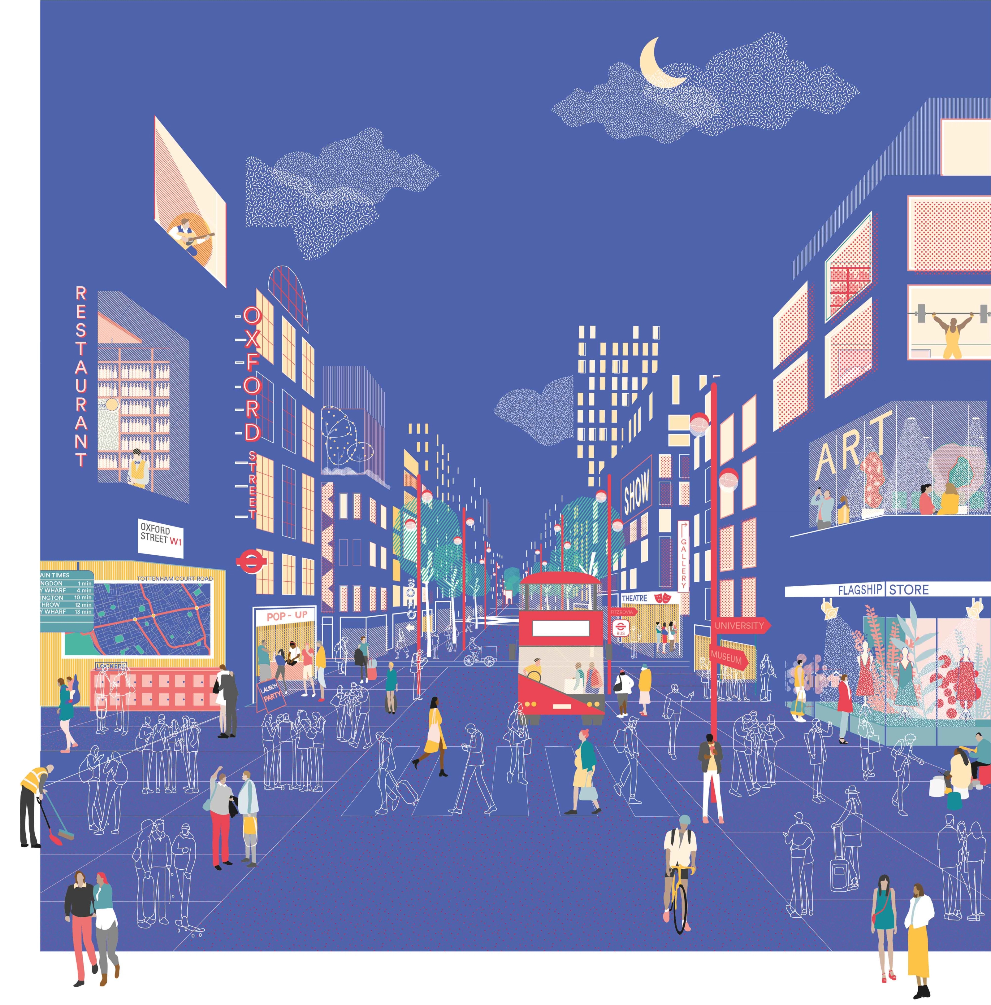 An illustrated view of Oxford Street at night with a bus and activity visible in upper floor windows.