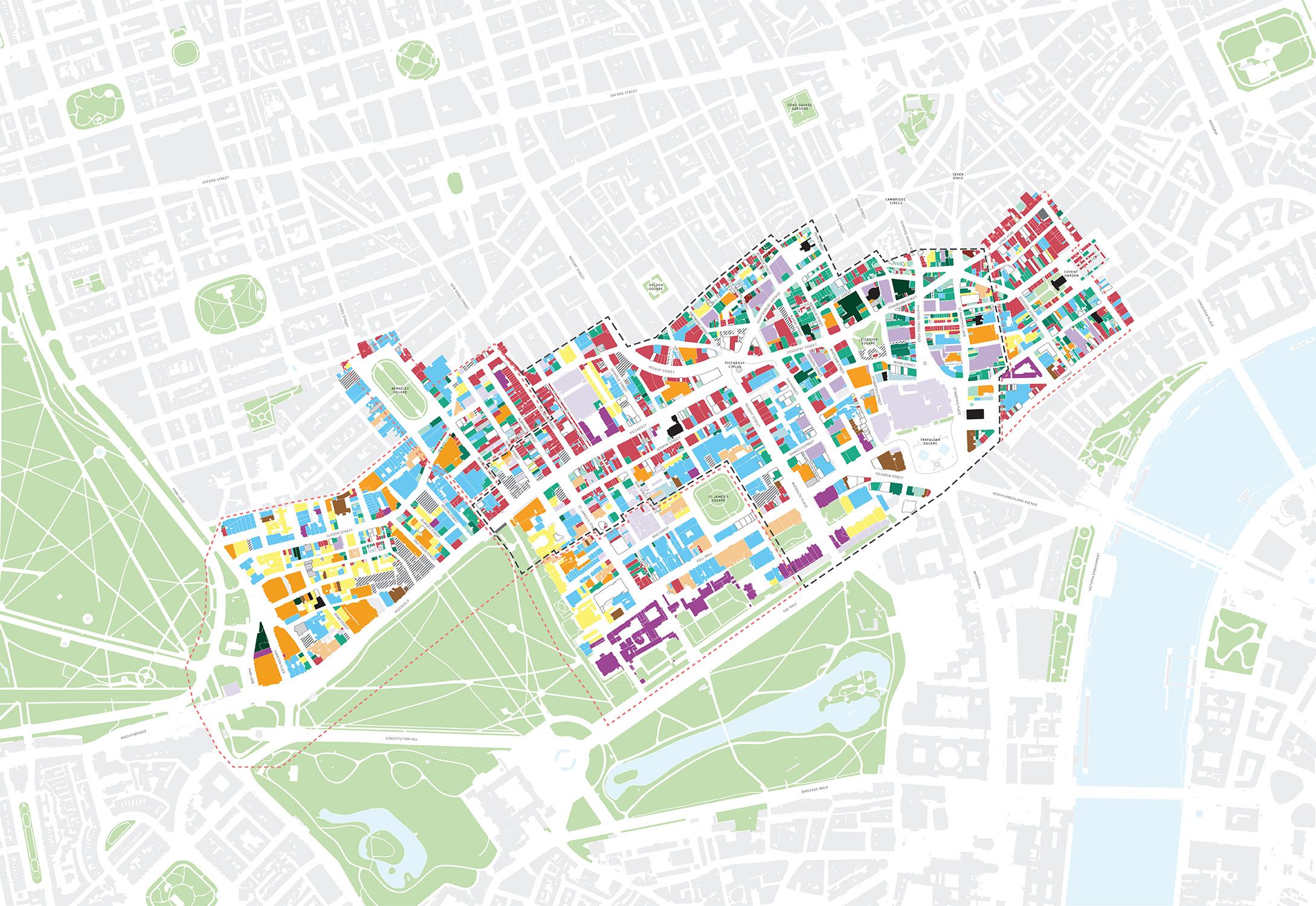 Map of the Heart of London area with land uses colour-coded to show the mixed uses in the wider area.