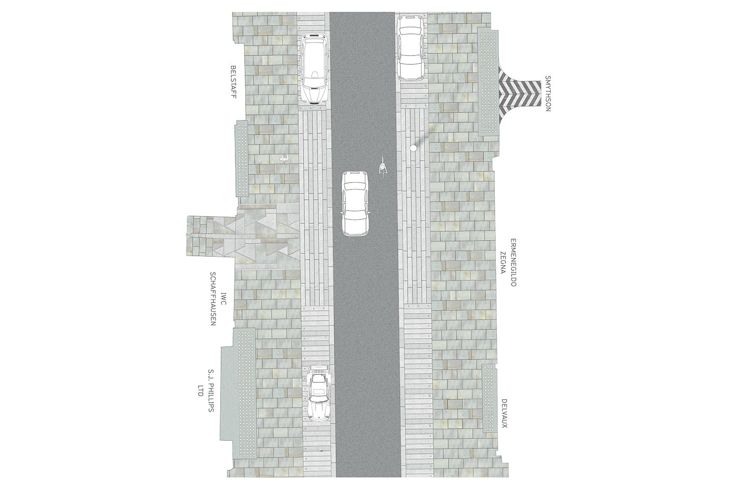 Plan view of the detailed paving design and arrangement for Bond Street.