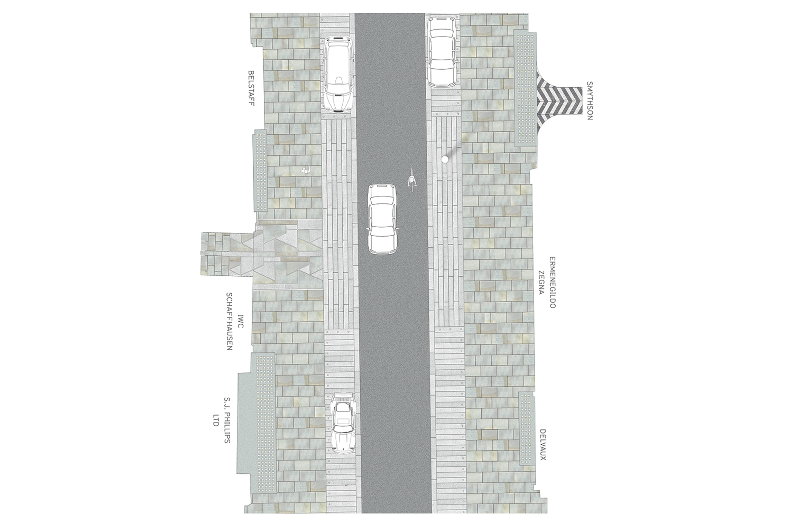Plan view of the detailed paving design and arrangement for Bond Street.