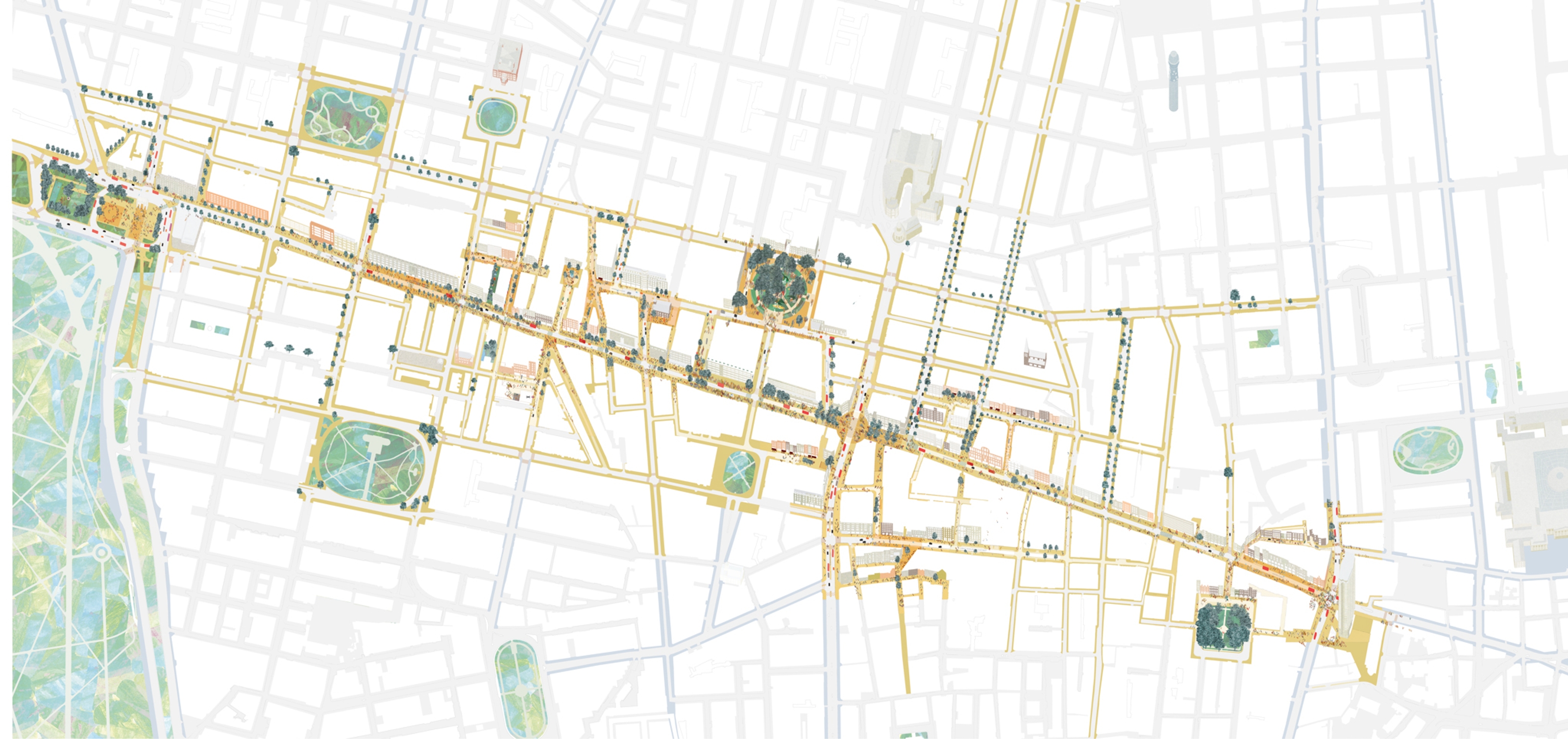 Illustrated map of public spaces in the entire Oxford Street District.
