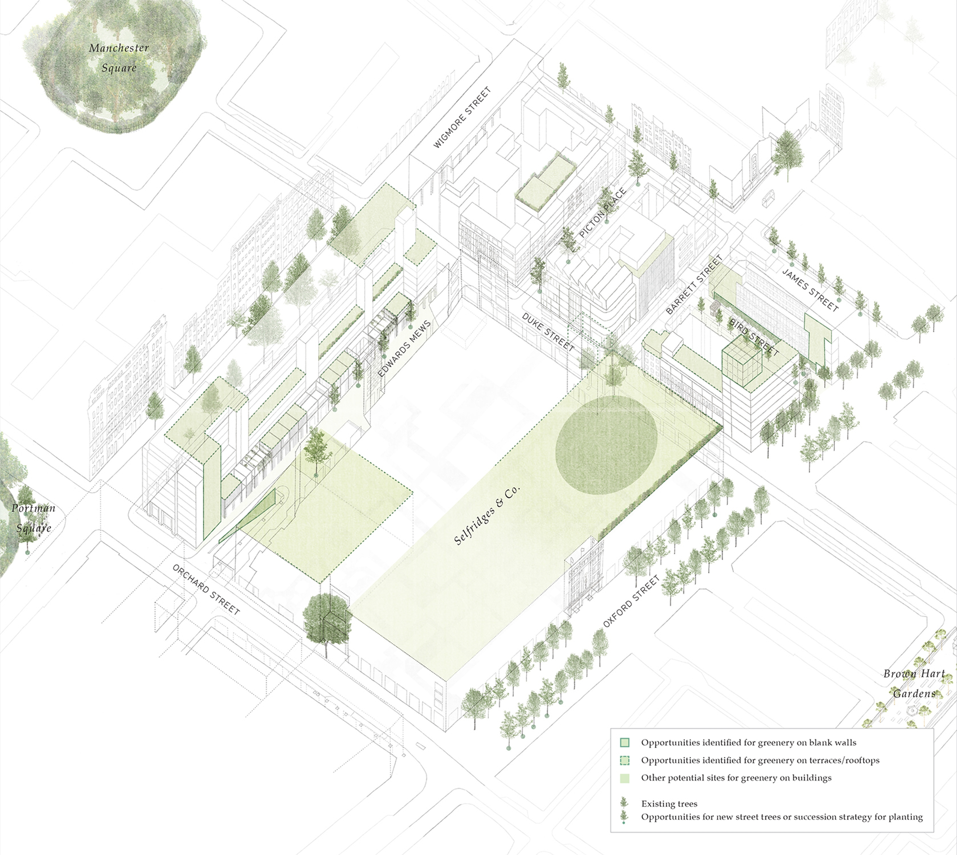 Illustration of potential areas for greenery in the area
